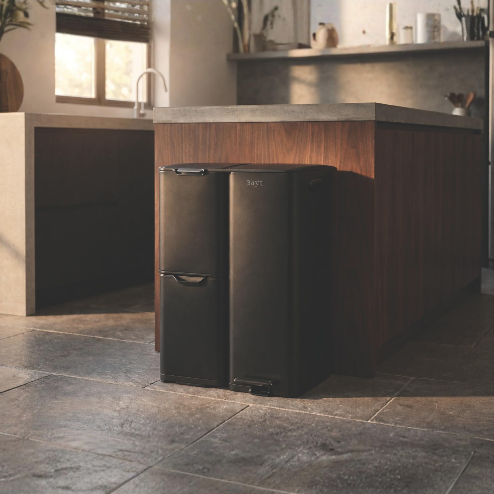 Bayt Cubo Basura - Cubo de Basura Cocina con 3 compartimentos (13+17+30L), Papelera con Separación Inteligente de Residuos, Acero Inoxidable, Total 60 Litros, Negro