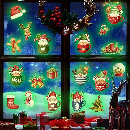Miniatura 4 de 3 hojas de calcomanías de pared navideñas que brillan en la oscuridad, calcomanías de pared de cacao caliente de Navidad, gnomo, muñeco de nieve,