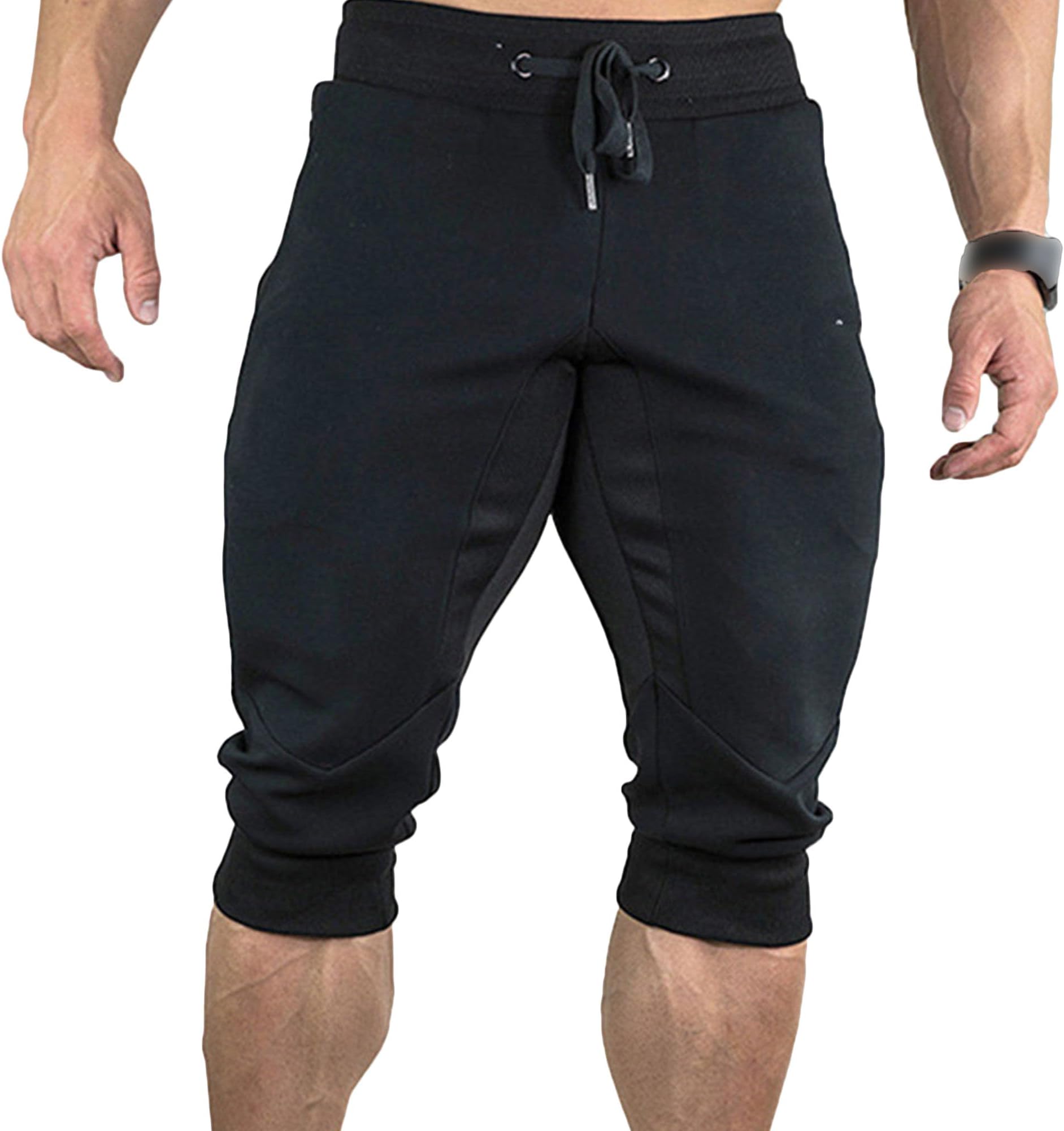 Men's 3/4 Joggers Capri Pants Elastic Cotton with Pockets Men Short Pants Workout Running Sweatpants Shorts