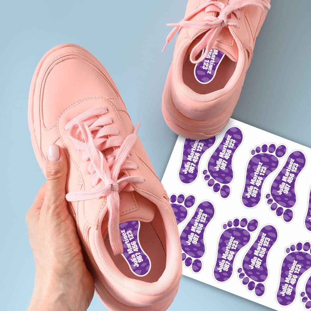 16 ETIQUETAS ADHESIVAS PARA ZAPATO EN FORMA DE HUELLA CON LAMINADO PROTECTOR PERSONALIZADAS PARA MARCAR TODO TIPO DE OBJETOS DE COLEGIO Y GUARDERÍA TAMAÑO 5,5 X 2,6 CM