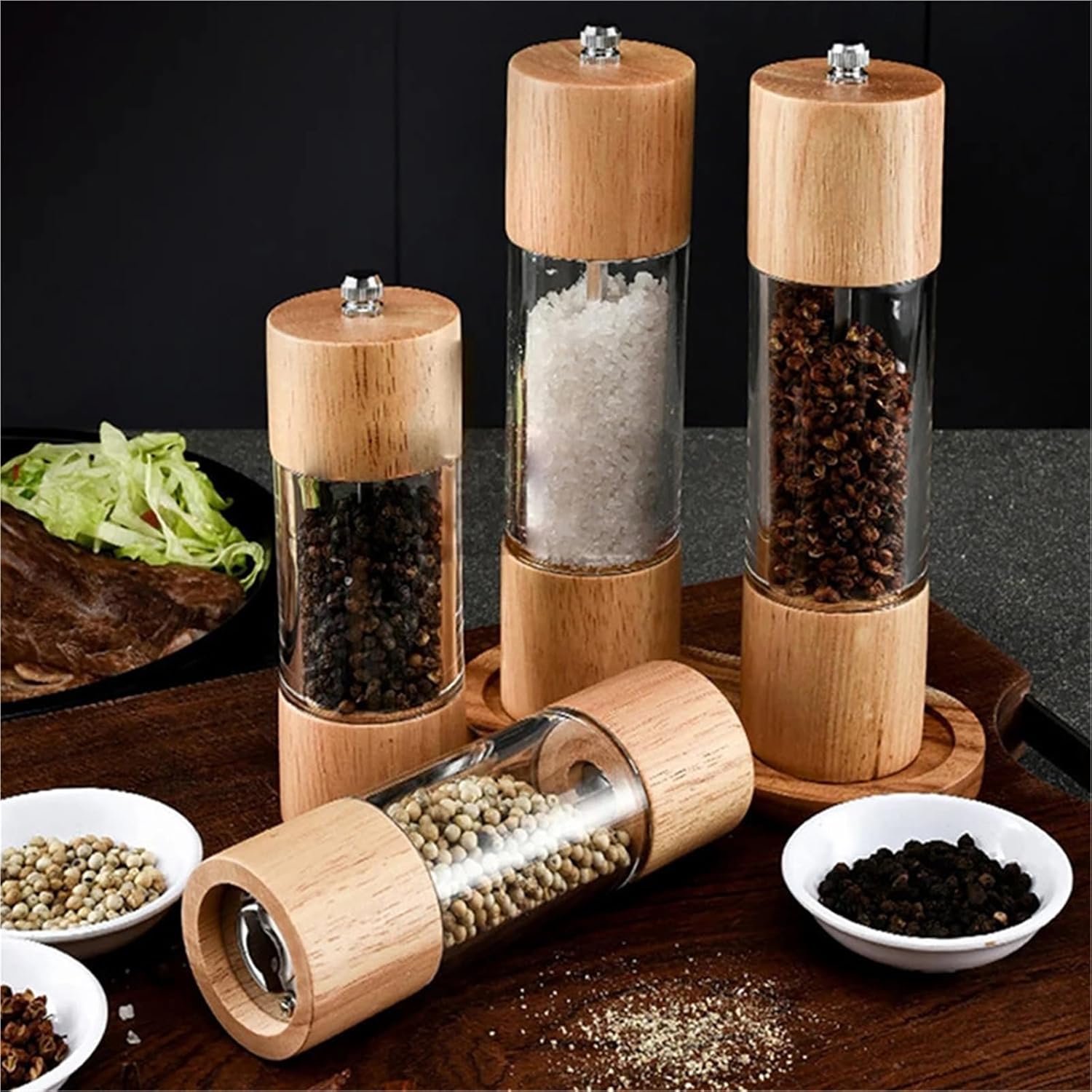 Wooden Manual Salt and Pepper Mill with Adjustable Ceramic Core & Acrylic Body(21.5x5cm)