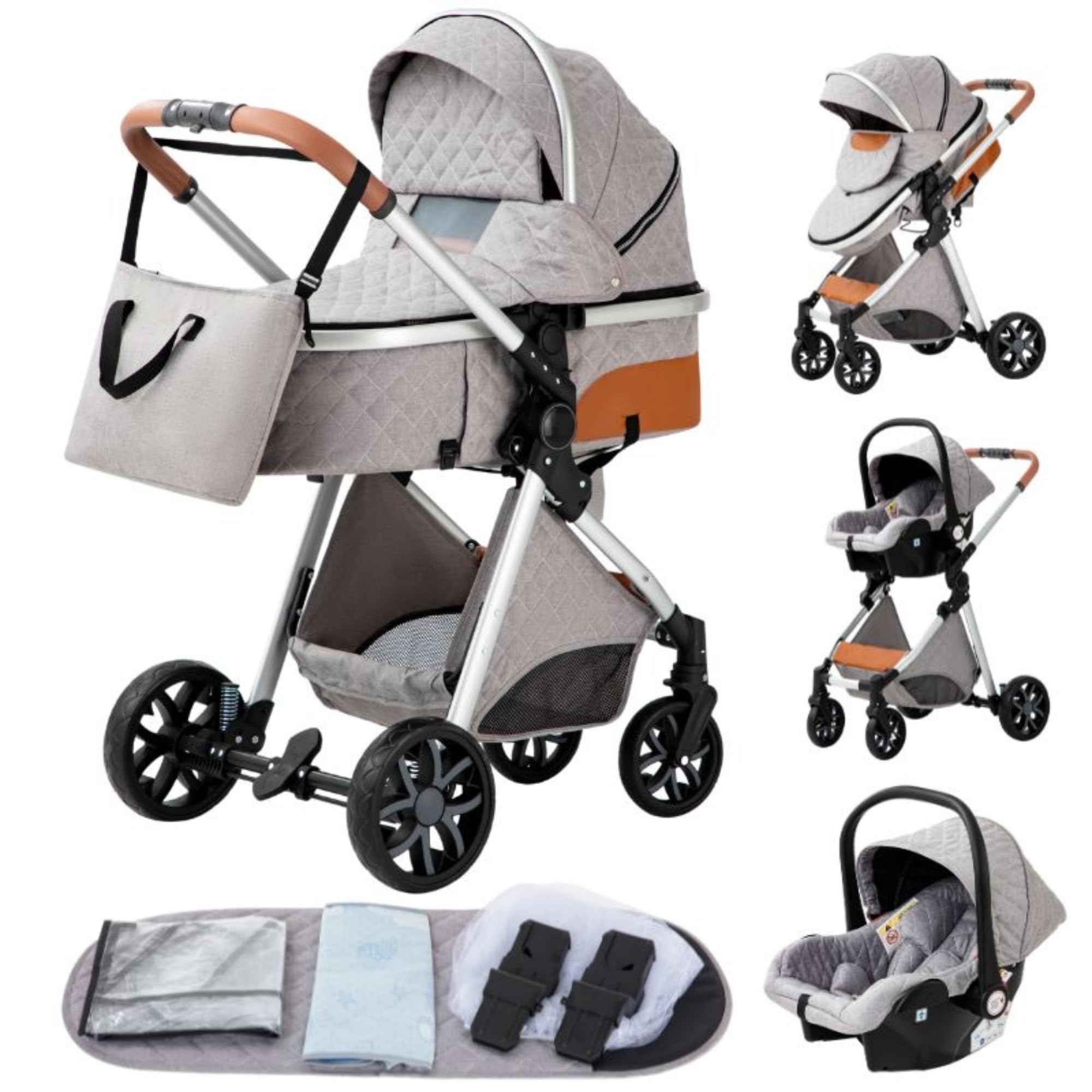 YAZOCO Wózek Dziecięcy 3 w 1 Kombinowane Wózek Dziecięce Kompaktowy Luksusowy Wysoki Krajobraz Cztery razy 0-36 Kg (Jasnoszary)