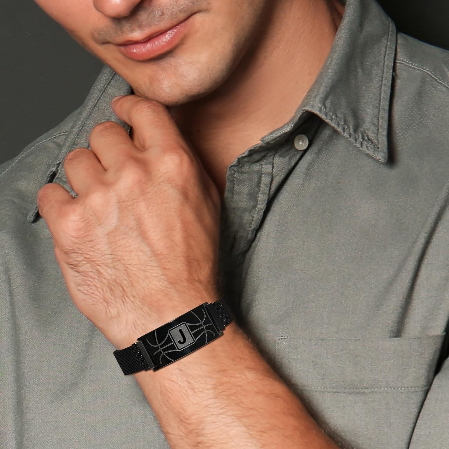 Easter Basket Stuffers - Basketball Initial Bracelet Stainless Steel A-Z Letter Charm Bracelets Adjustable Wristbands Basketball Christmas Gifts Idea for Players Team Lovers Men Boys - Image 2