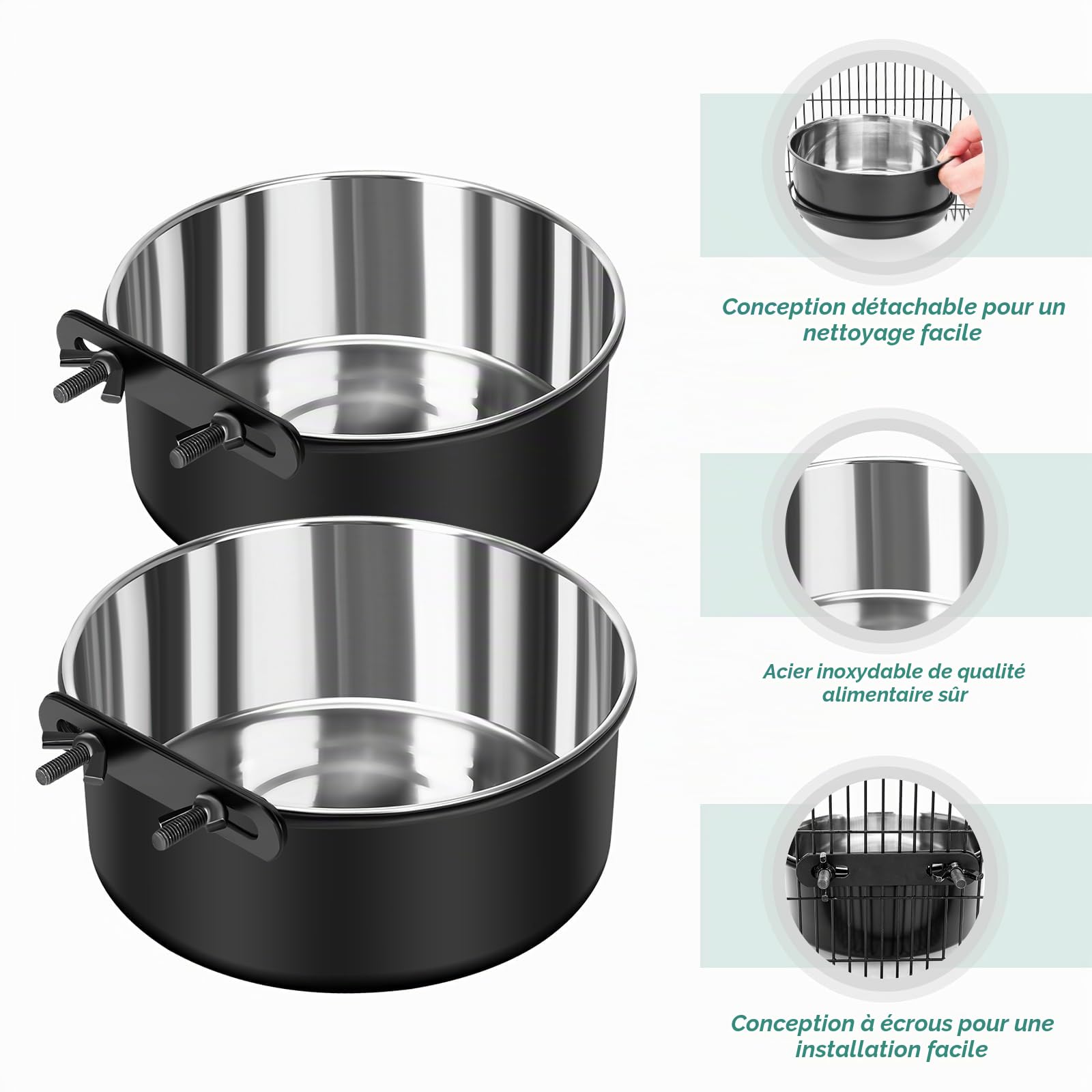 Lot de 2 gamelles à Eau pour Chien sans déversement - Gamelles à Suspendre pour Cage de Chien - Gamelles de Niche à Monter - en Acier Inoxydable - pour Chat, Chiot, Lapin, Oiseau - pour Chiens de