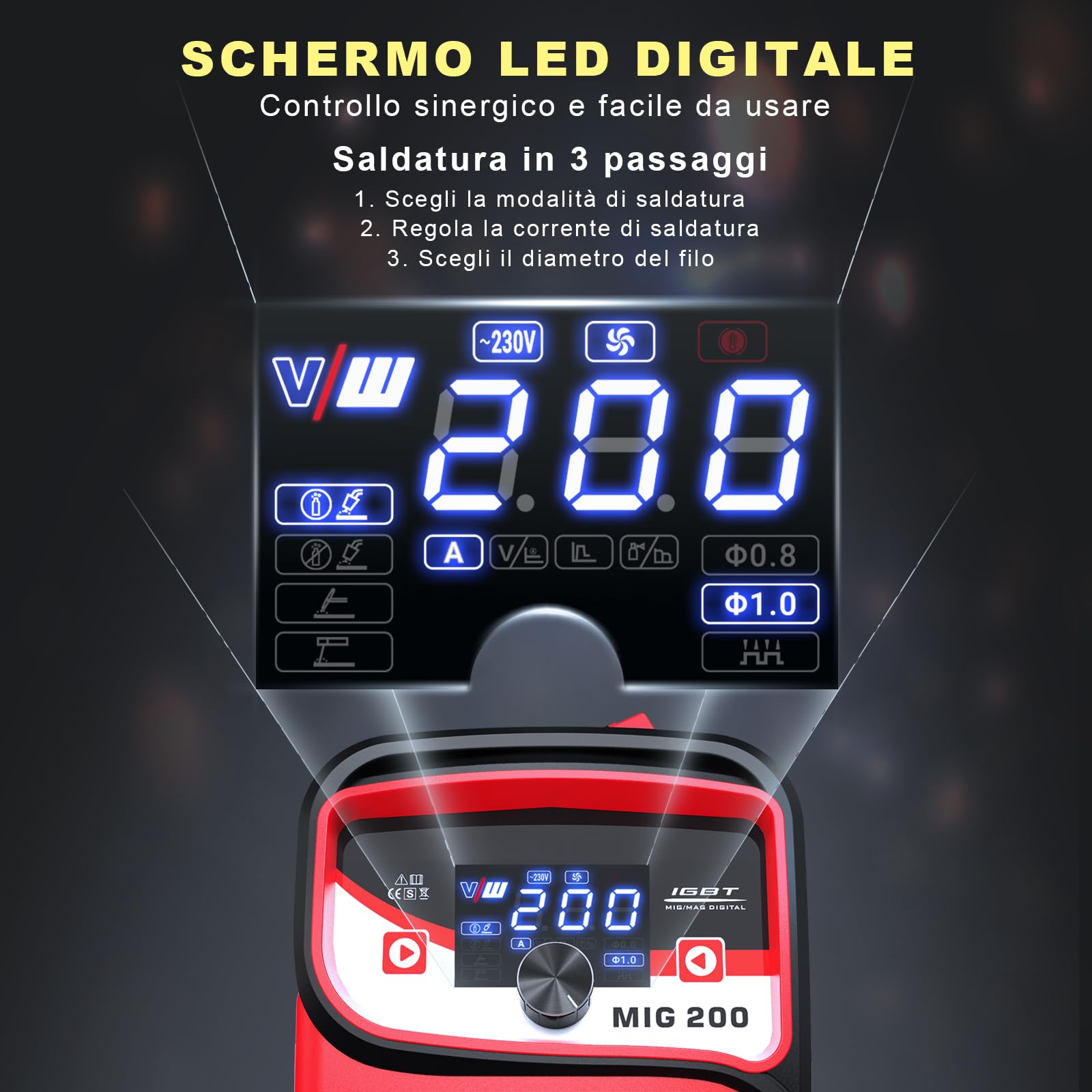 Saldatrice a Filo Continuo 4-in-1 MIG/MAG/MMA/LIFT TIG, saldatrice filo continuo no gas e con Gas con Display Digitale, Macchina Saldatrice Portatile Professionale - VECTOR WELDING