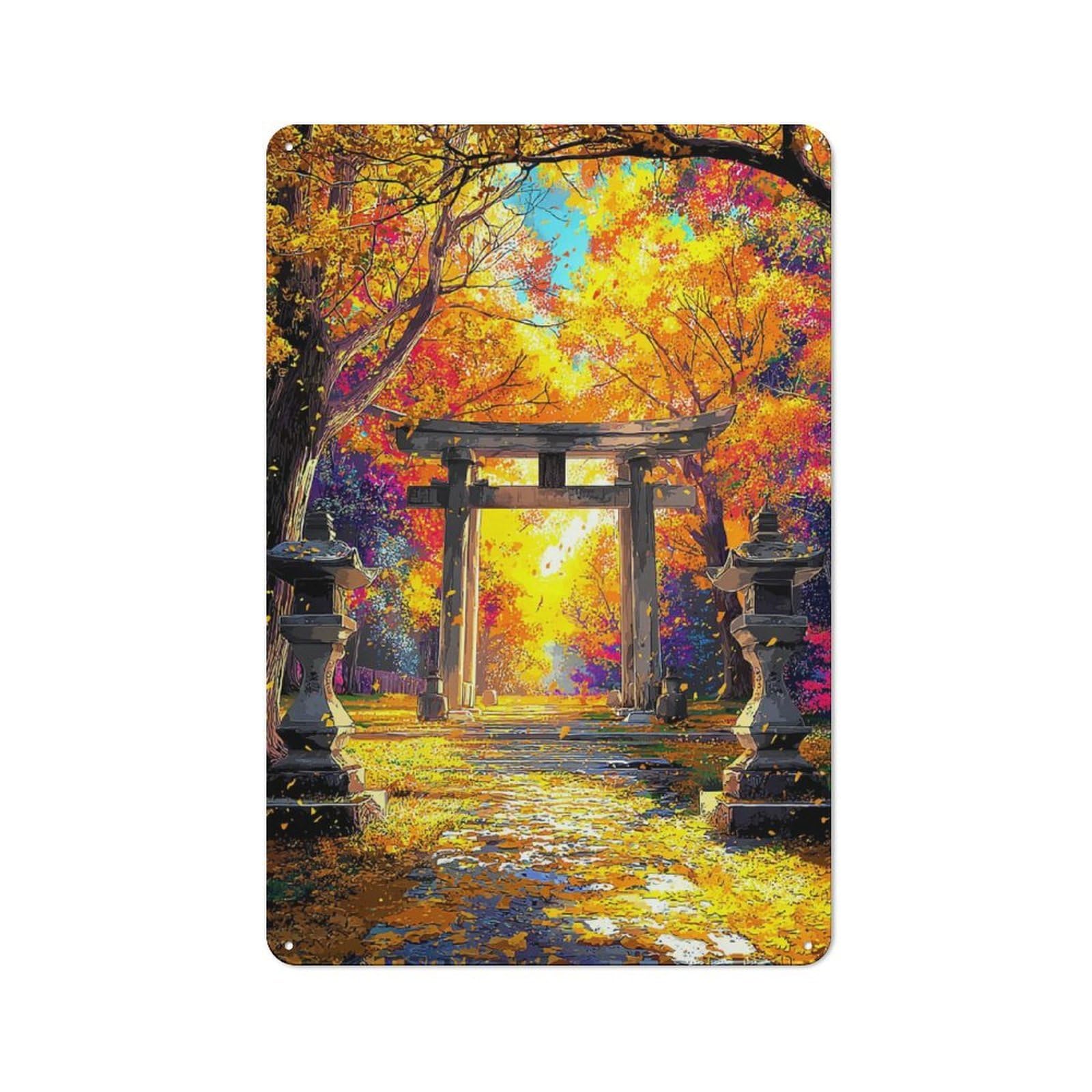Autumnal Torii Gate Serenity Farmhouse Metal Sign 30x20cm, Barn Style Rustic Kitchen Decor for Cottage, Kitchen, Hallway Or Breakfast Nook