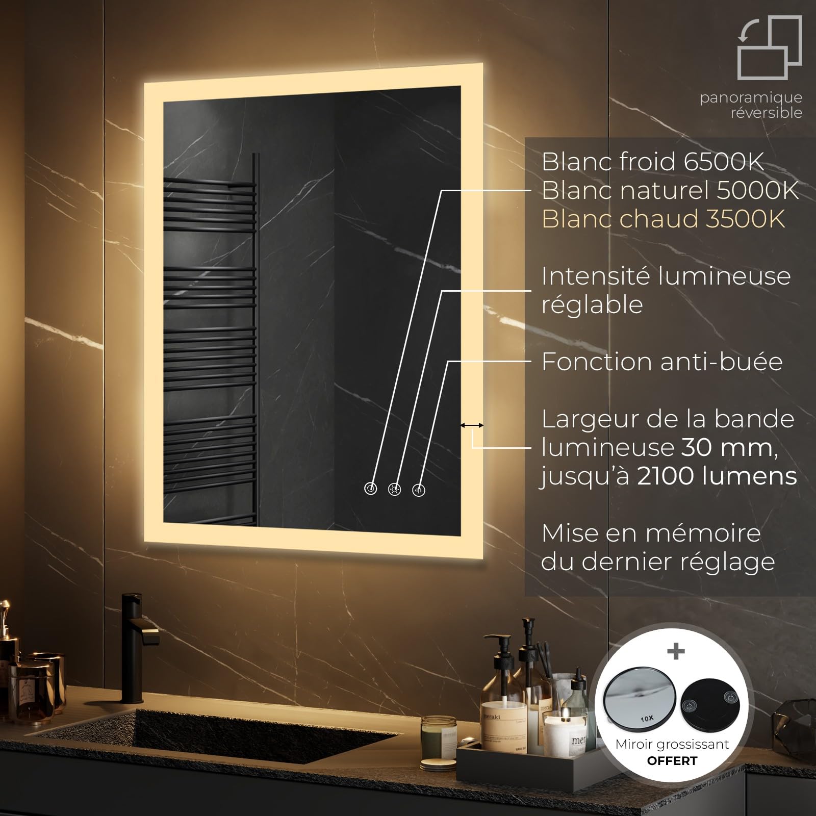 SANIVERRE TEMEO Miroir Mural LED Lumineux 80 x 100 cm réversible (2100 LMS) Tactile : antibuée + intensité et Couleur réglables - Salle de Bain