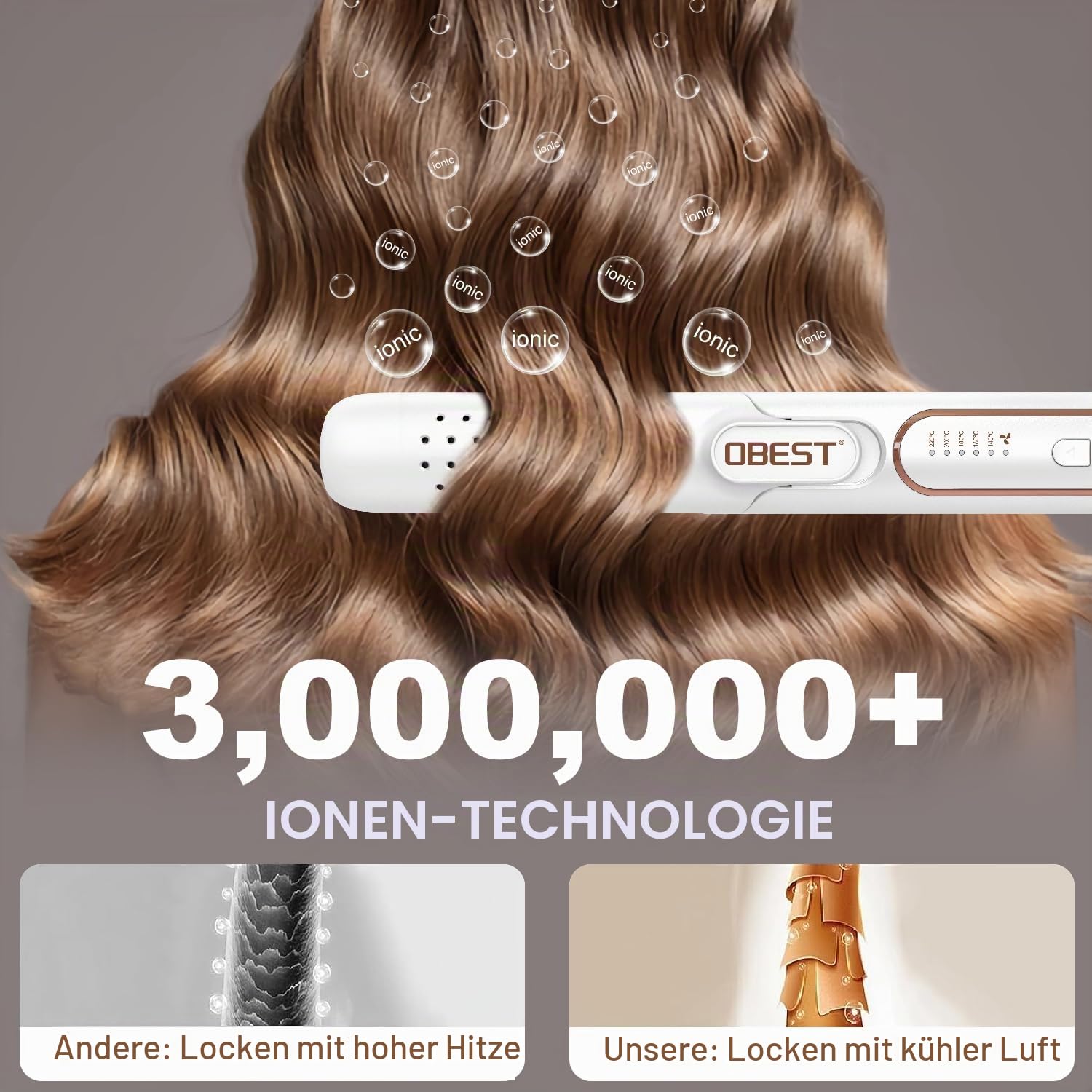 OBEST Airflow Curler Haarglätter und Lockenstab 2 in 1, Glätteisen Lockenstab, 30s Schnellaufheizung, 5 Temperaturstufen (140℃-220℃), Reisefreundlicher Dualspannung-Styler (Weiß)