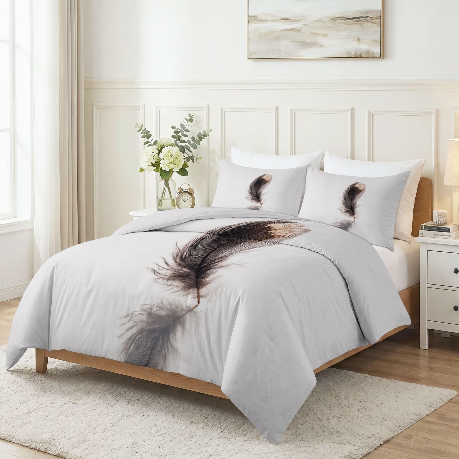 Biancheria da letto, 240 x 220 cm, motivo animali, piume, texture minimalista, stampa 3D, facile manutenzione, 3 pezzi, in poliestere e cotone, con chiusura lampo, adatto per persone allergiche