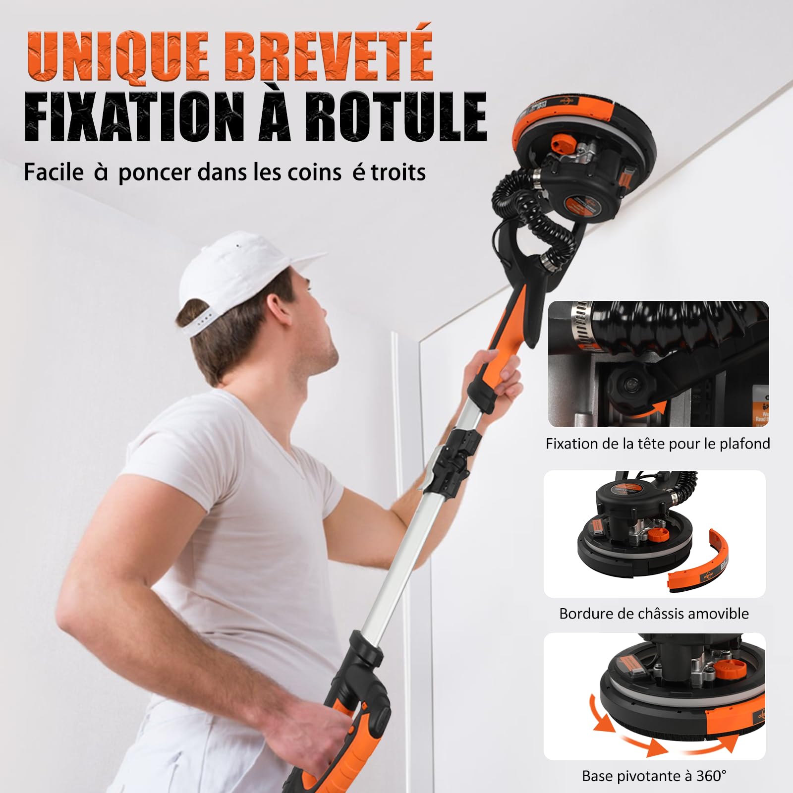 Ponceuse Girafe avec Système d'aspiration Automatique, 750W Professional Ponceuse Plaquiste, 7 vitesses(900-1800rpm),Ponceuse Murale Électrique Pliable, avec lumière LED