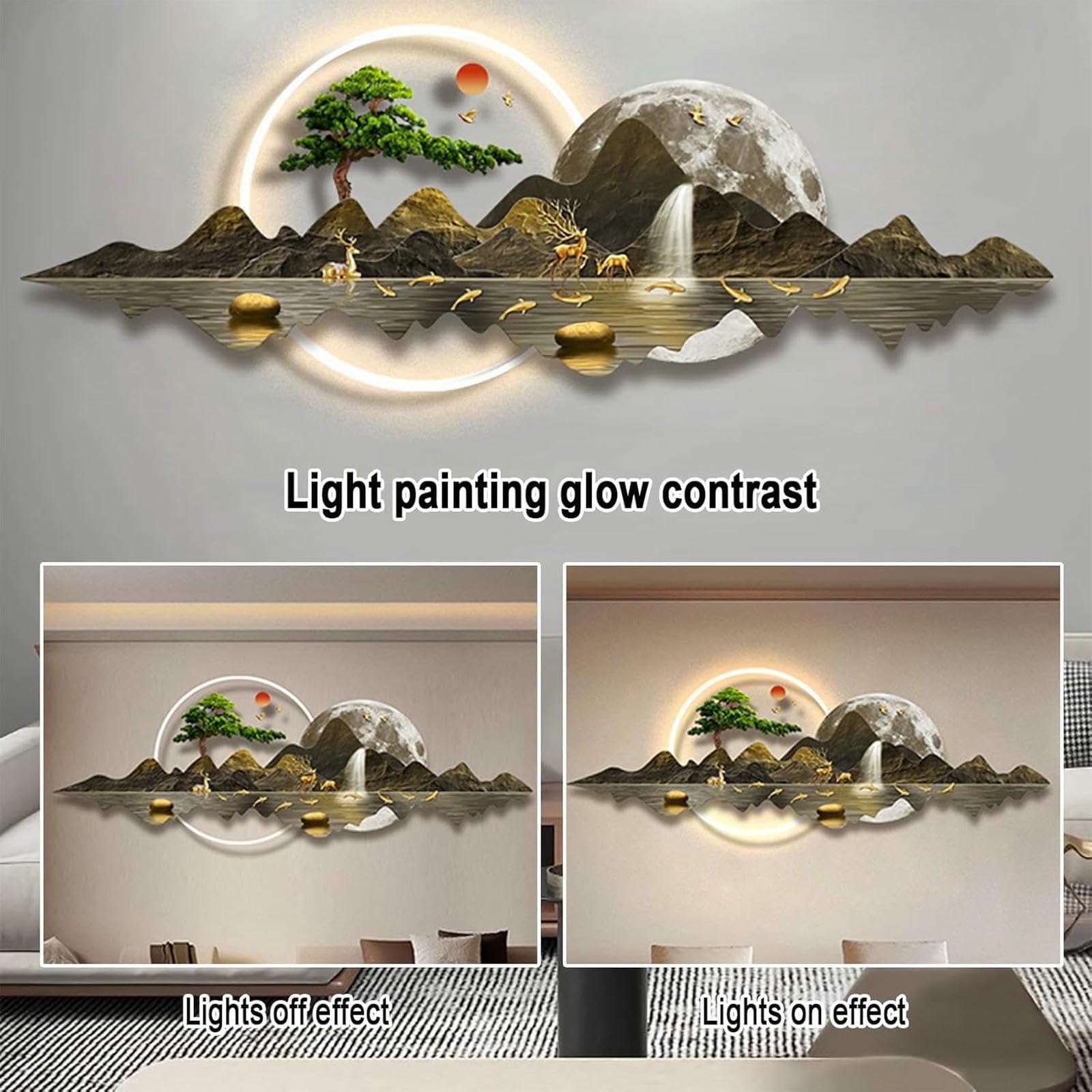 Dekoratives Gemälde mit LED-Licht, 3D-Wandkunst, Dekoration für Schlafzimmer, Wohnzimmer, moderne Heimdekoration