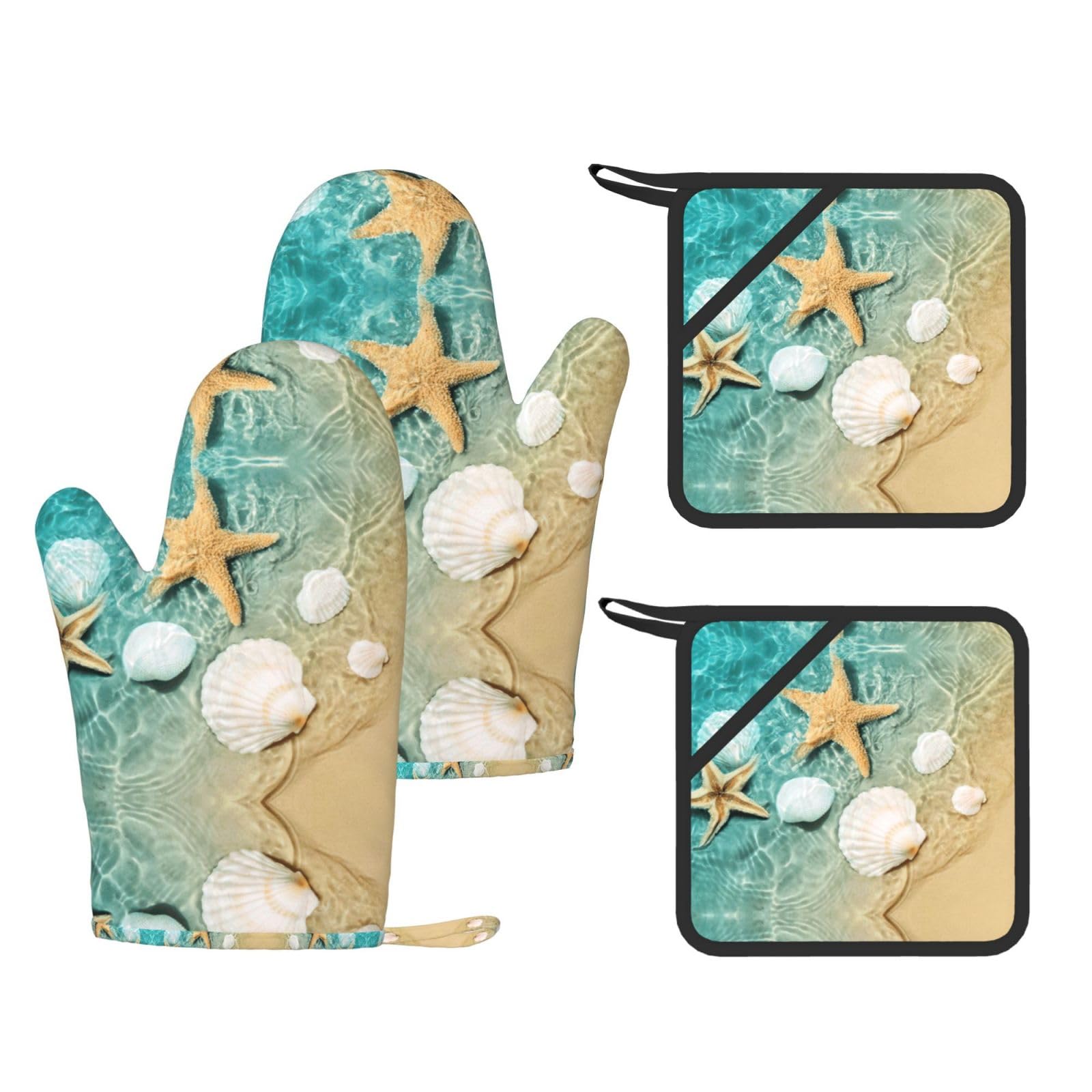Starfish and Seashell Pattern Printed Kitchen Set with Heat Resistant Oven Gloves & Non-Slip Pot Holders for Daily Cooking