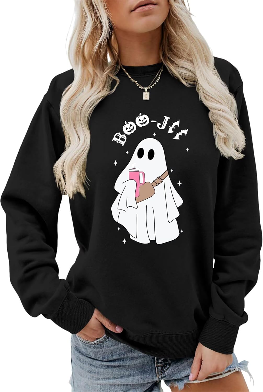 Boo-Jee Ghost Halloween Sweatshirt for Women Cute Ghost Graphic Fall Spooky Season Long Sleeve Crewneck Pullover Top