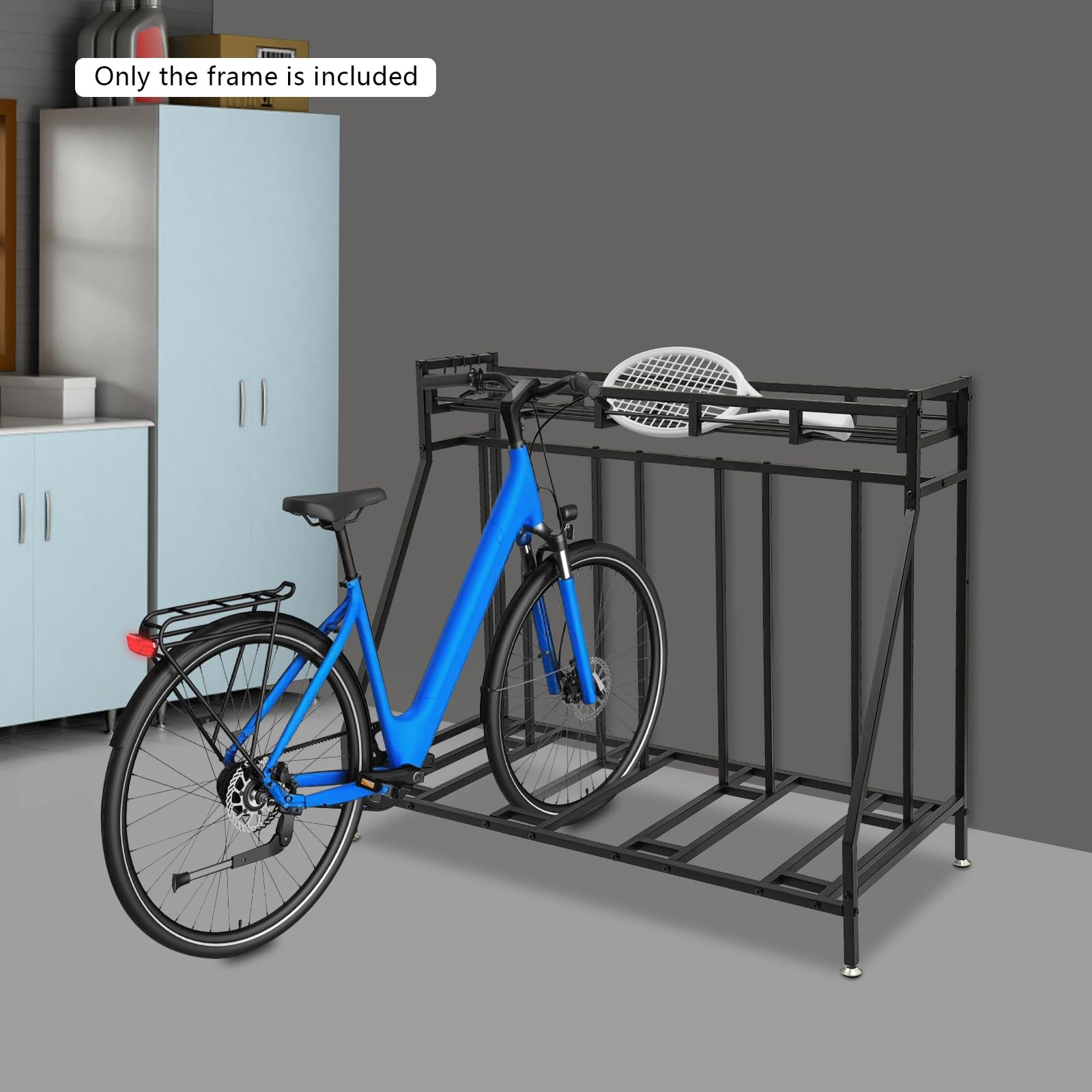 Fahrradständer Boden für 4 Fahrräder, mit Aufbewahrungskorb und 4 Haken, stabiler Metallrahmen, rostfrei und langlebig, platzsparendes Design, 100 kg Tragkraft, für Garage, Keller und Garten