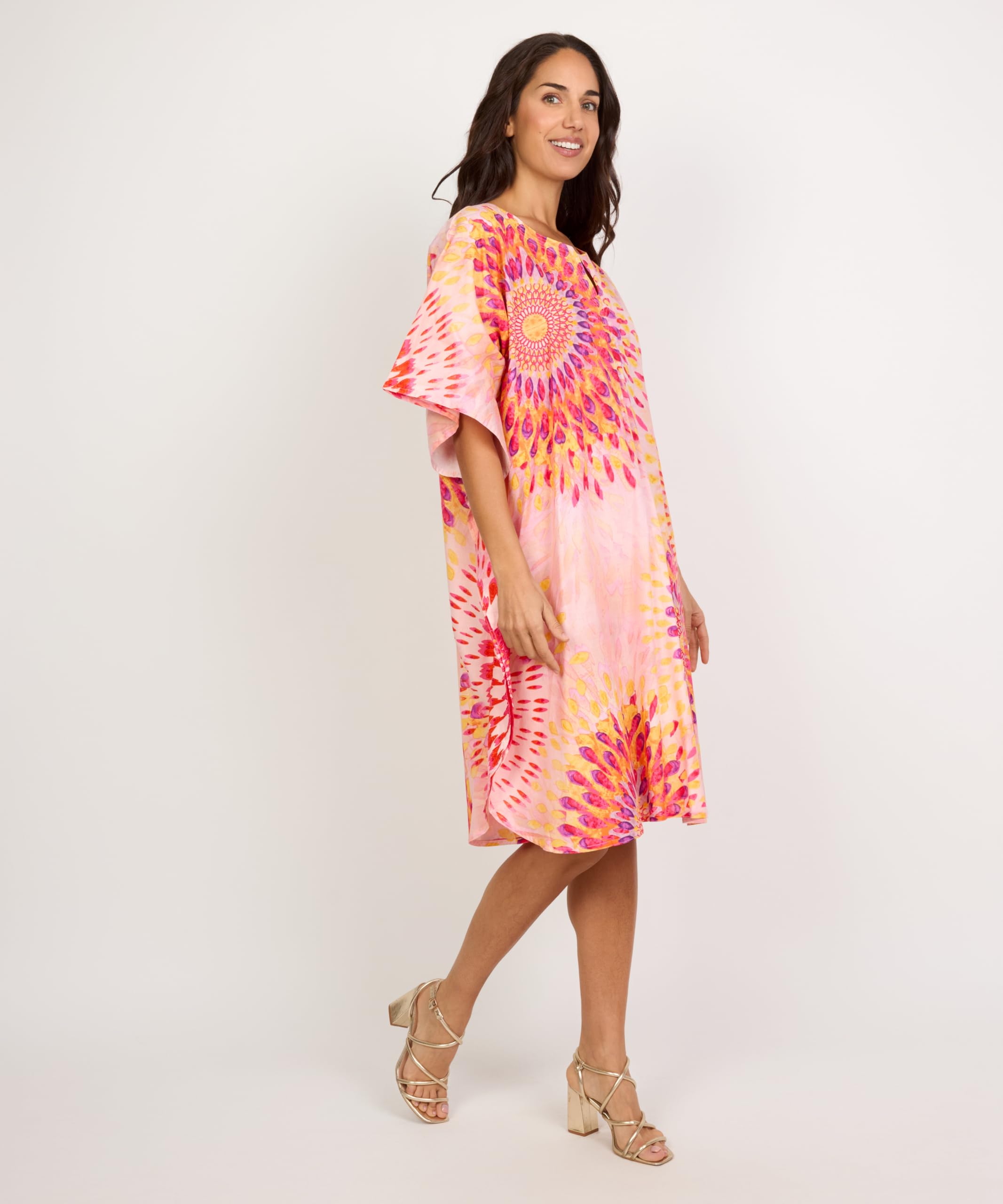 Algodón Vestido Kaftan de Playa con Estampado Solar, Manga Corta, Diseño Multicolor en Turquesa, Estilo Casual