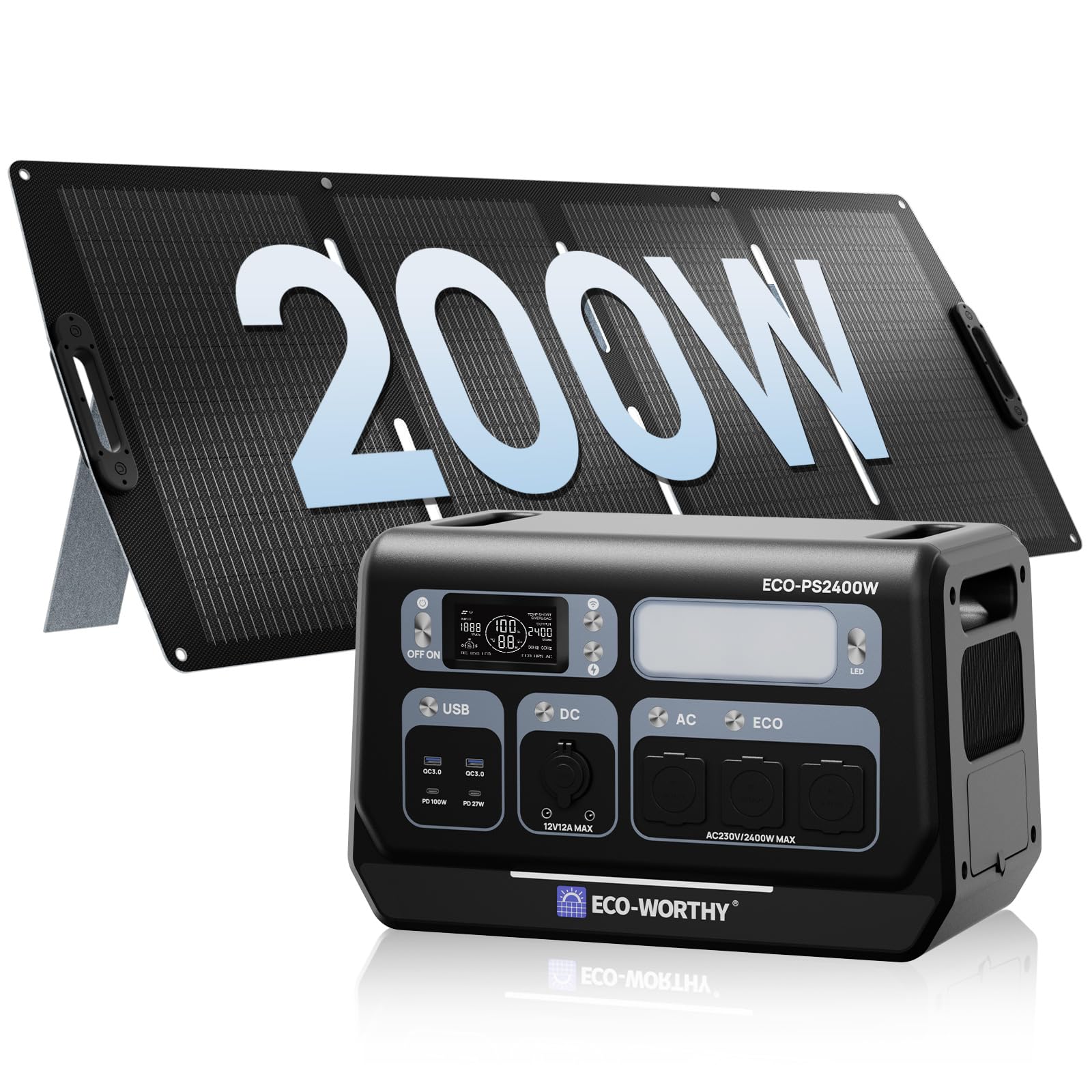 ECO-WORTHY PS2400W Powerstation Tragbare mit 200W Solarpanel Faltbar, 2048Wh Solar Generator mit 10 Anschlüssen (4800W Peak) WLAN- und Bluetooth-Funktion für Wohnmobile, Camping, Notfall und Zuhause