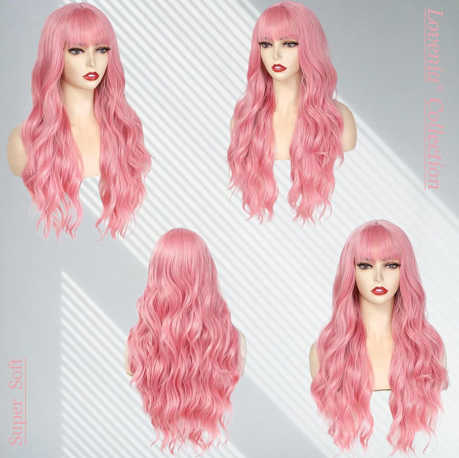 Lovenia Long Pink Wig with Bangs 26'' Long Wavy Hair for Women Middle Part Wigs Pastel Pink Wigs for Women Heat Resistant Synthetic Fiber Halloween Cosplay Wig - Image 4