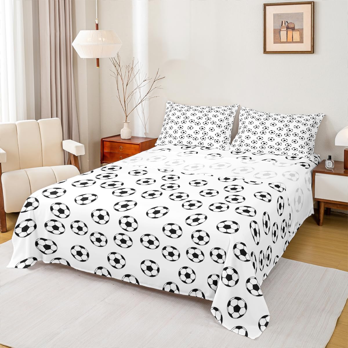 Soccer Kids Sheet Full Size,Ball Sports Games Competition Bedding Set,Girls Boys Adults Room Decor,American Football Cartoon Black White Unique Bed Sheet Set 4pcs(Fitted + Flat + 2 Pillowcases) - Image 2