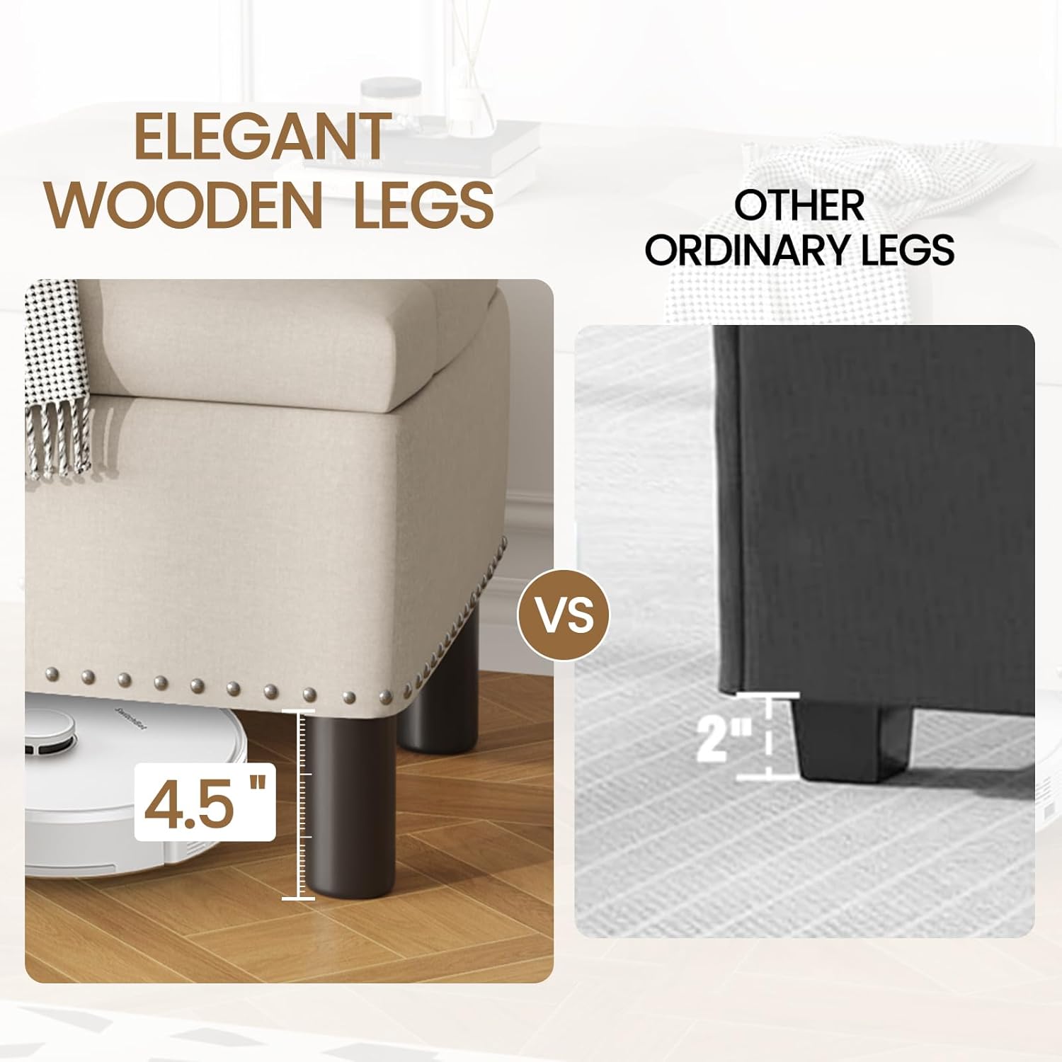 Furniliving Large Storage Ottoman, Beige, Wood Frame, Linen Fabric, 285 Lbs Capacity