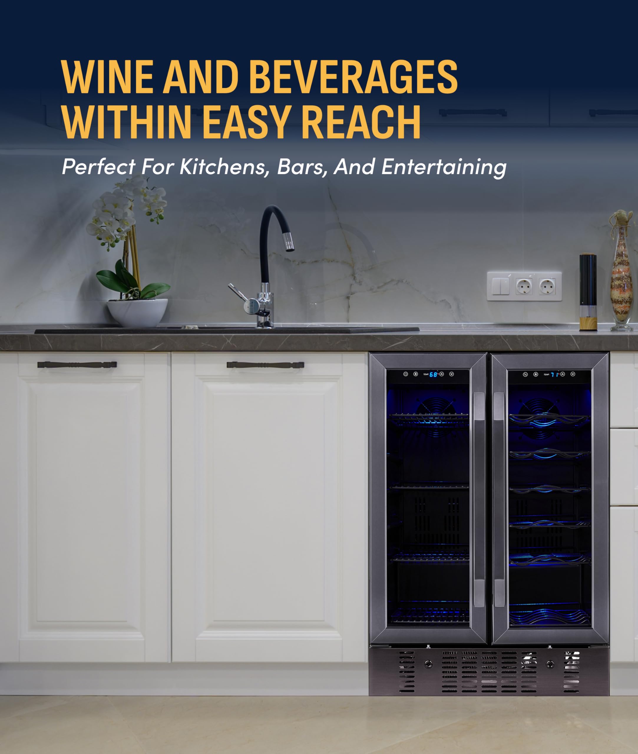 NewAir 24" Dual Zone Beverage Refrigerator & Wine Cooler For 18 Bottles & 58 Cans | Freestanding Or Built-In Under Counter Mini Fridge For Beer, Wine And Soda | Black Stainless Steel on Fridge.com - View 3