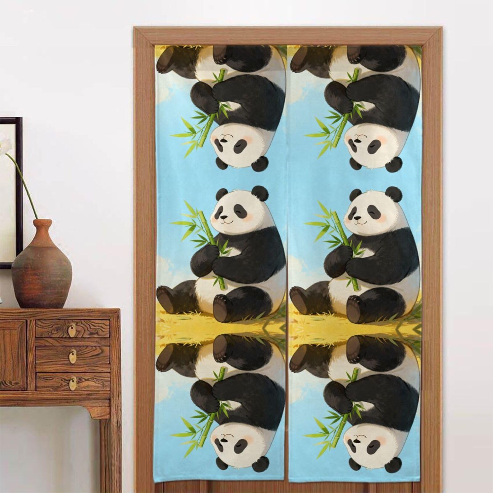 CNTDBU Panda Hold Bamboo Door Curtain 34x56 Inch-Room Divider Panel for Privacy, Entryway Screen for Kitchen Bedroom