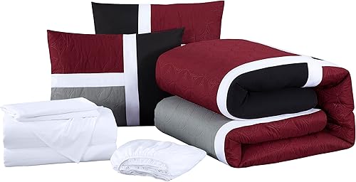 Miniatura 9 de Chezmoi Collection Bernard - Juego de edredón de 7 piezas tamaño King en una bolsa con sábanas, edredón ligero, color rojo, gris, negro, medallón