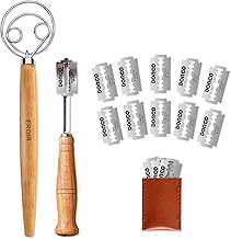 EROIR Danish Dough Whisk Set with Bread Lame - 13 Inch Dutch Dough Whisk - Bread Lame Dough Scoring Knife with 10 Razor Sharp Blades and Leather Cover
