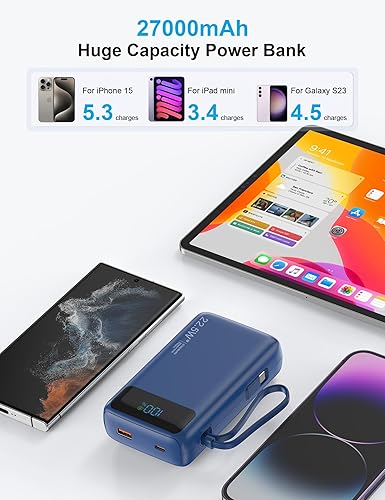 Miniatura 2 de Cargador portátil de 27000 mAh, banco de energía con cable integrado para iPhone serie 1615, batería de carga rápida con pantalla LED de entrada y