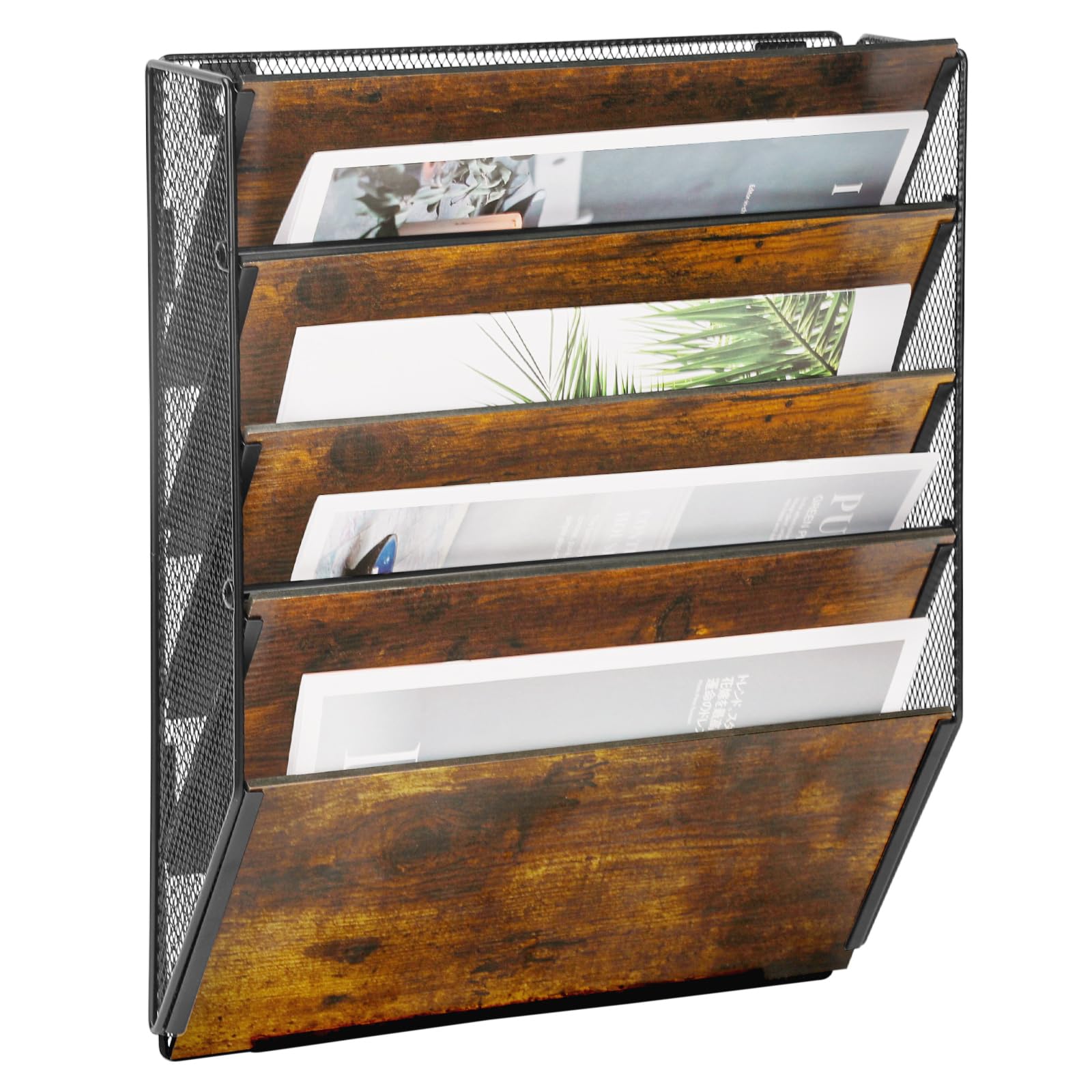 TQVAI Organizer Documenti Parete, 5 Ripiani Metallo Legno Portariviste Parete Scaffale per Documenti A4 Organizzatore Scrivania Ufficio Casa, Antico/Nero