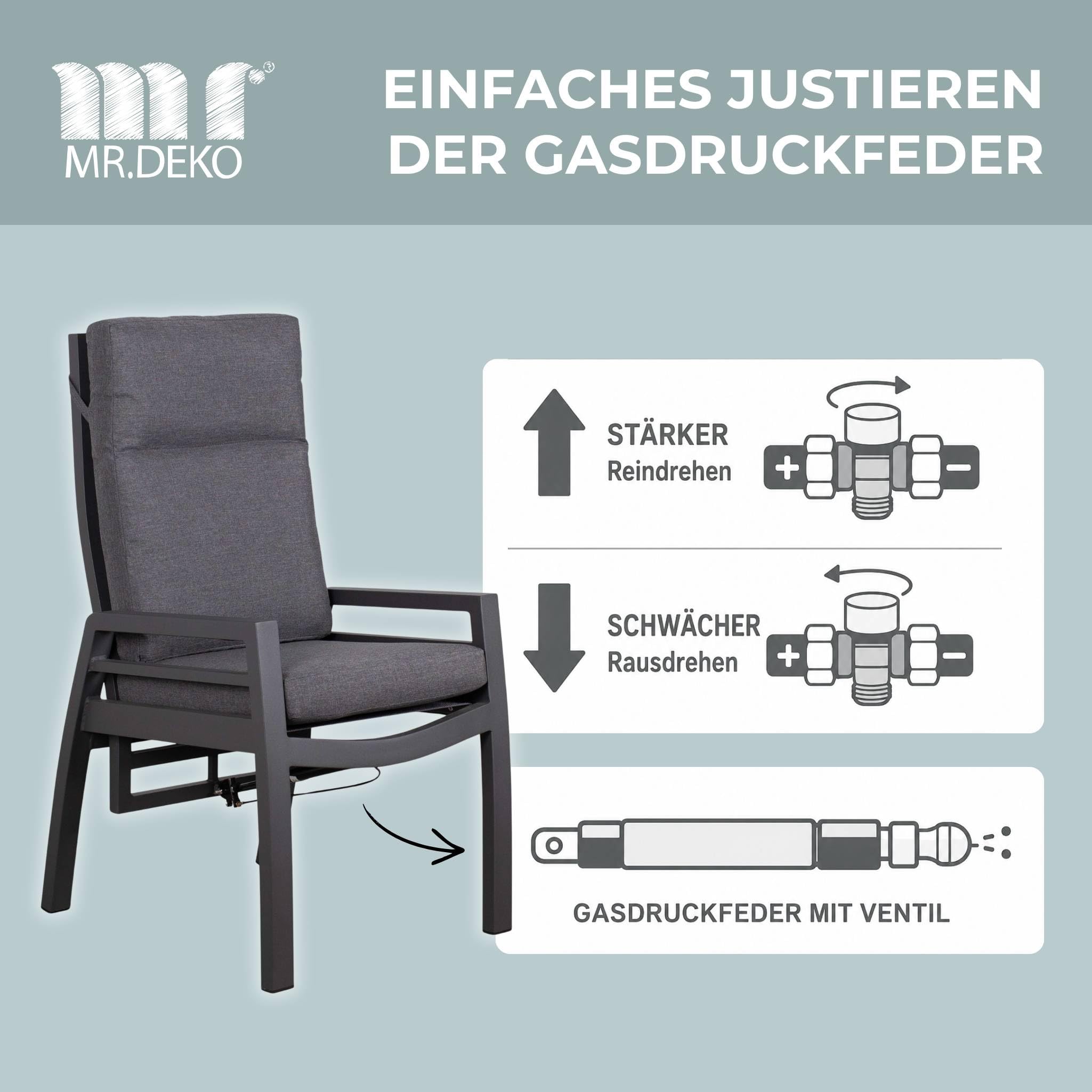 MR. DEKO Merida fotel relaksacyjny z aluminium/tekstylenem, w zestawie z poduszkami antracytowymi, rama aluminiowa i tekstylen w kolorze antracytowym | oparcie regulowane sprężyną gazową | idealny do