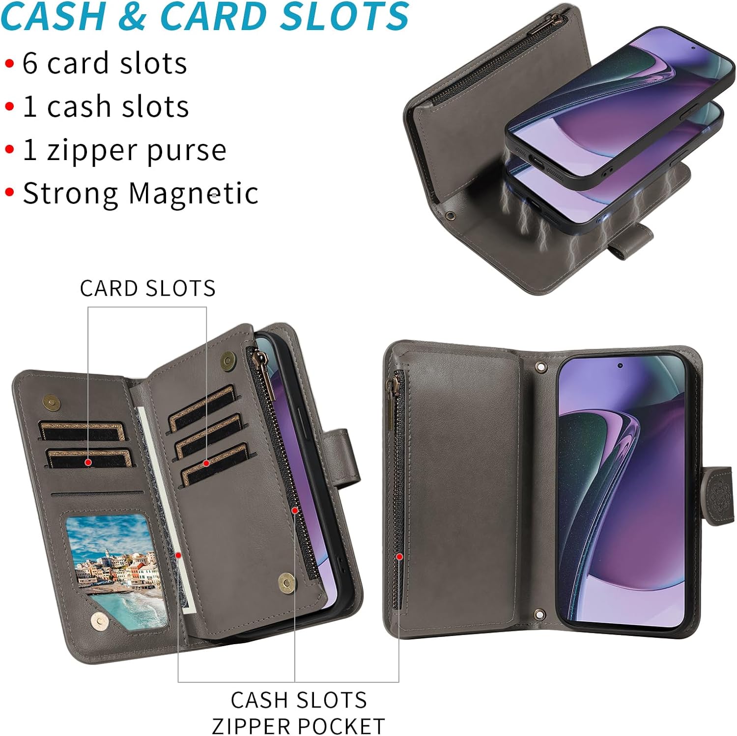 Asuwish Phone Case for Motorola Moto G Stylus 5G 2023 Zipper Wallet Magnetic Detachable Cell Cover with Tempered Glass Screen Protector Strap Flower Card Holder GStylus G5 XT2317DL XT2315-5 Women Gray