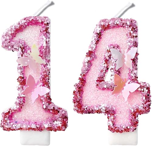 Velas de números con purpurina de mariposa rosa de 2.8 pulgadas, muchos colores, regalos de cumpleaños 14 y 41, velas de cumpleaños, velas de