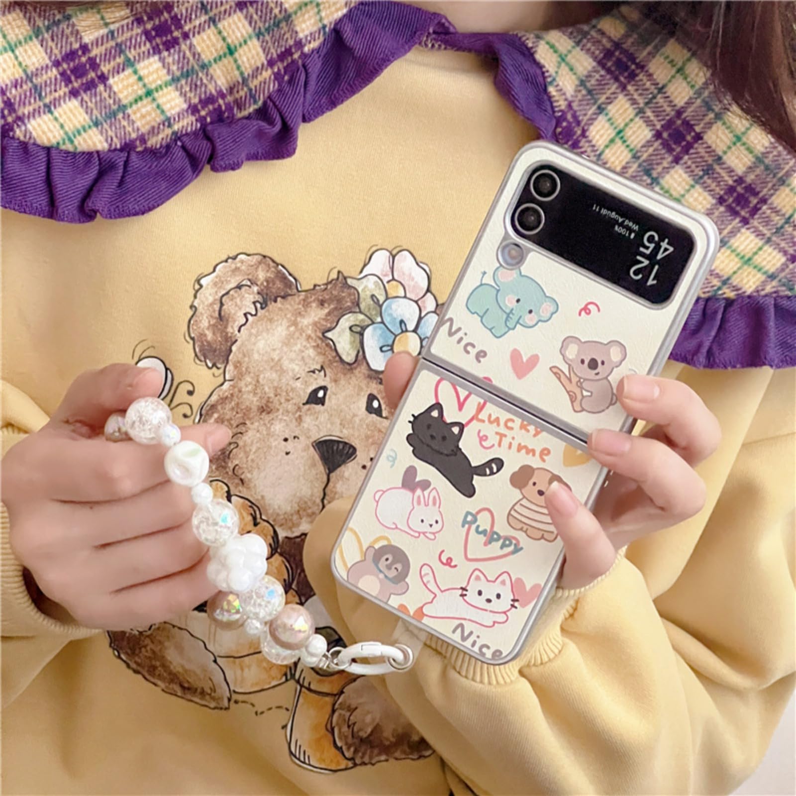 for Samsung Galaxy zflip3/4/5 Folding Phone case，electroplated Lambskin Cartoon PC Model for Girls Boys Kids Women (Flip 3,Zoo+Bracelet)