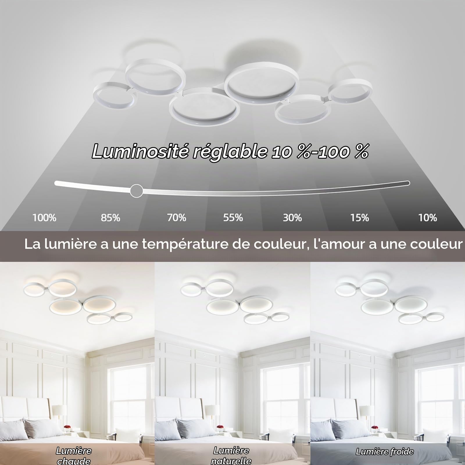 Plafonnier Led Dimmable Moderne 95 Cm 6 Anneaux, Luminaire Lustre Led Plafond Design Avec TéLéCommande, Éclairage Sans Scintillement, Fonction MéMoire, Pour Salon Chambre Bureau(Blanc)
