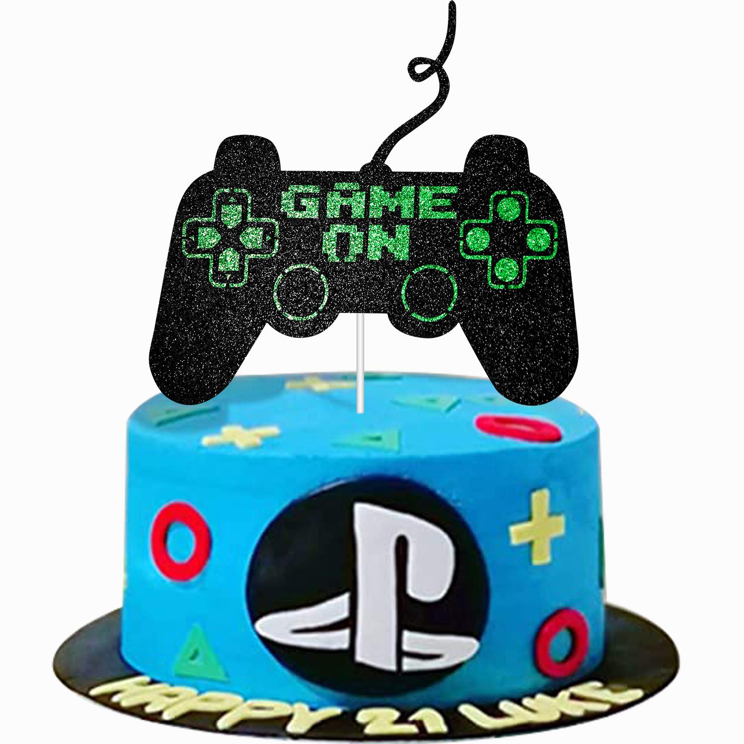 Game On Big Cake Topper Black and Green Giltter Video Game Controller