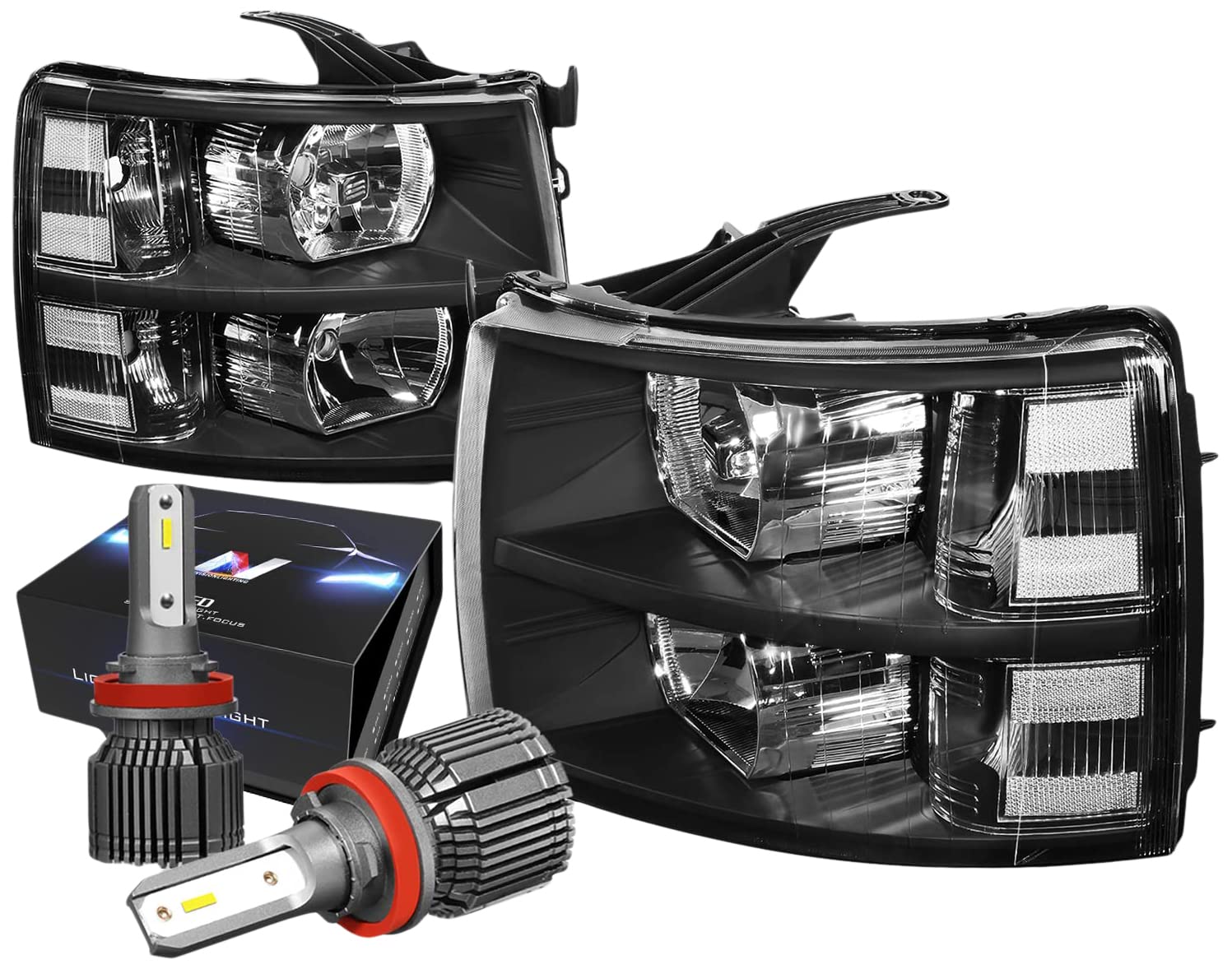 DNA MOTORING HL-OH-CSIL07-BK-CL1-CFS-H8 Black Housing Headlights Compatible with 07-13 Chevy Silverado 1500 Pair 10000 Lumens H8 / H9 / H11 LED Bulbs Included