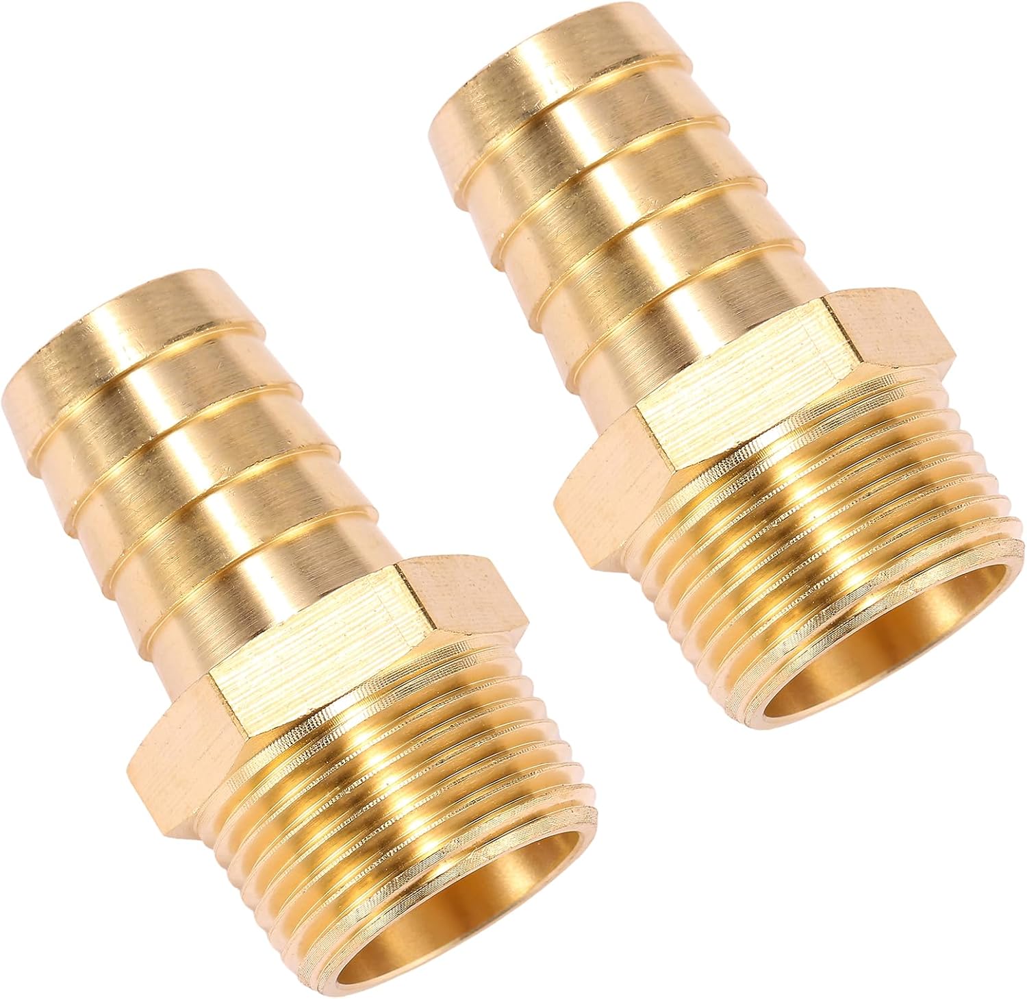 2 Pack Brass Hose Fitting, Adapter, 1" Barb x 1" NPT Male Pipe
