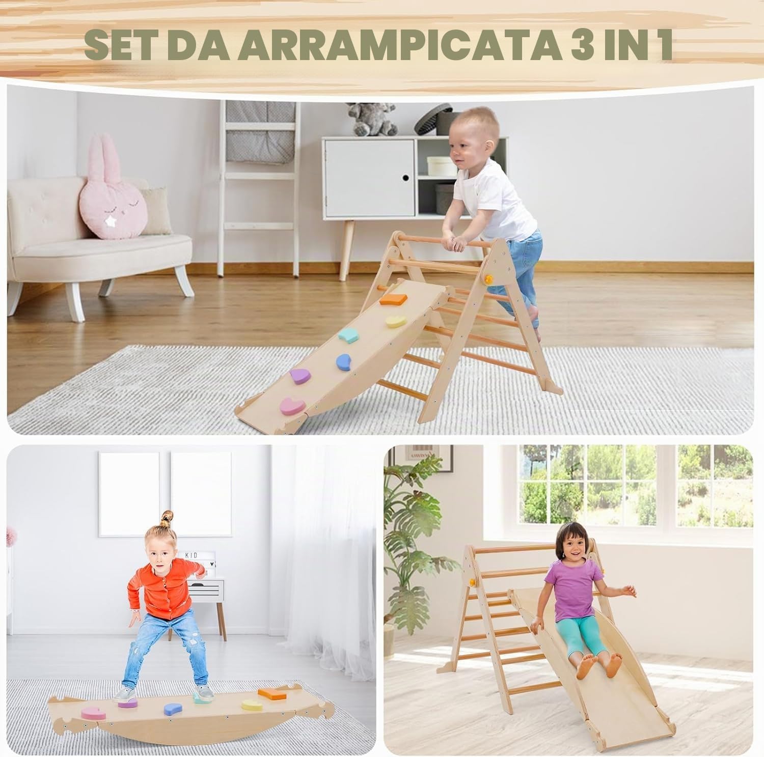 4 in 1 Arrampicata per Bambini, Triangolo di Arrampicata Pieghevole con Scivolo, Arco di Arrampicata, Tavola di equilibrio in legno, Scivolo per Bambini da Casa Interno,Giochi Montessori 1+ Anni