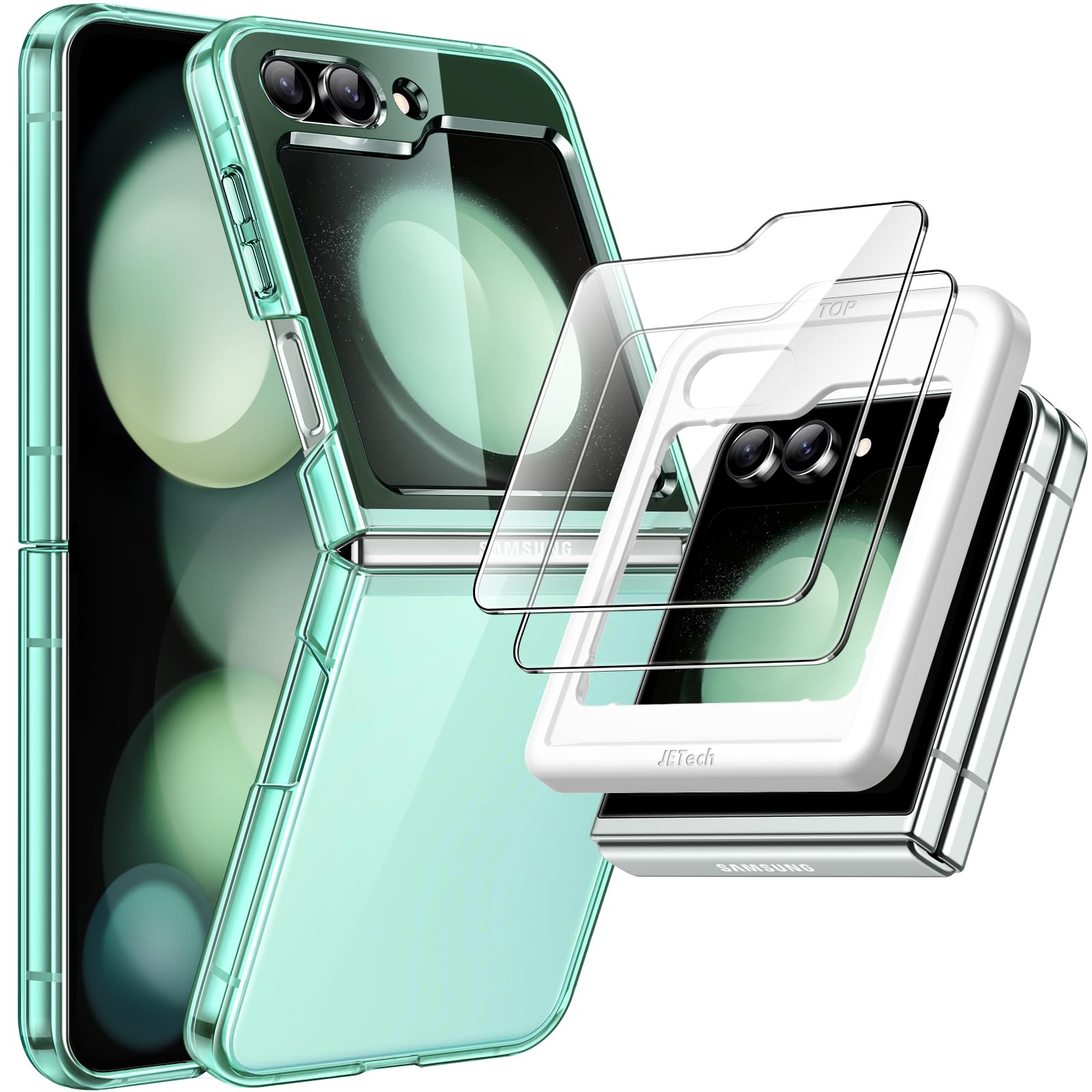 JETech 3 in 1 Case for Samsung Galaxy Z Flip 5 with 2-Pack Tempered Glass Front Screen Protector, Crystal Transparent Hard PC Shell Protective Phone Cover (Green)