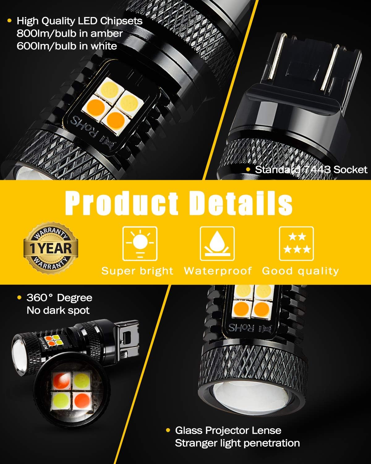BRISHINE 7443 Switchback LED Bulbs Extremely Bright 3030 Chipsets Xenon White/Amber Yellow 7444 992 W21W T20 LED Light Bulbs with Projector for Turn Signal Lights(Pack of 2)