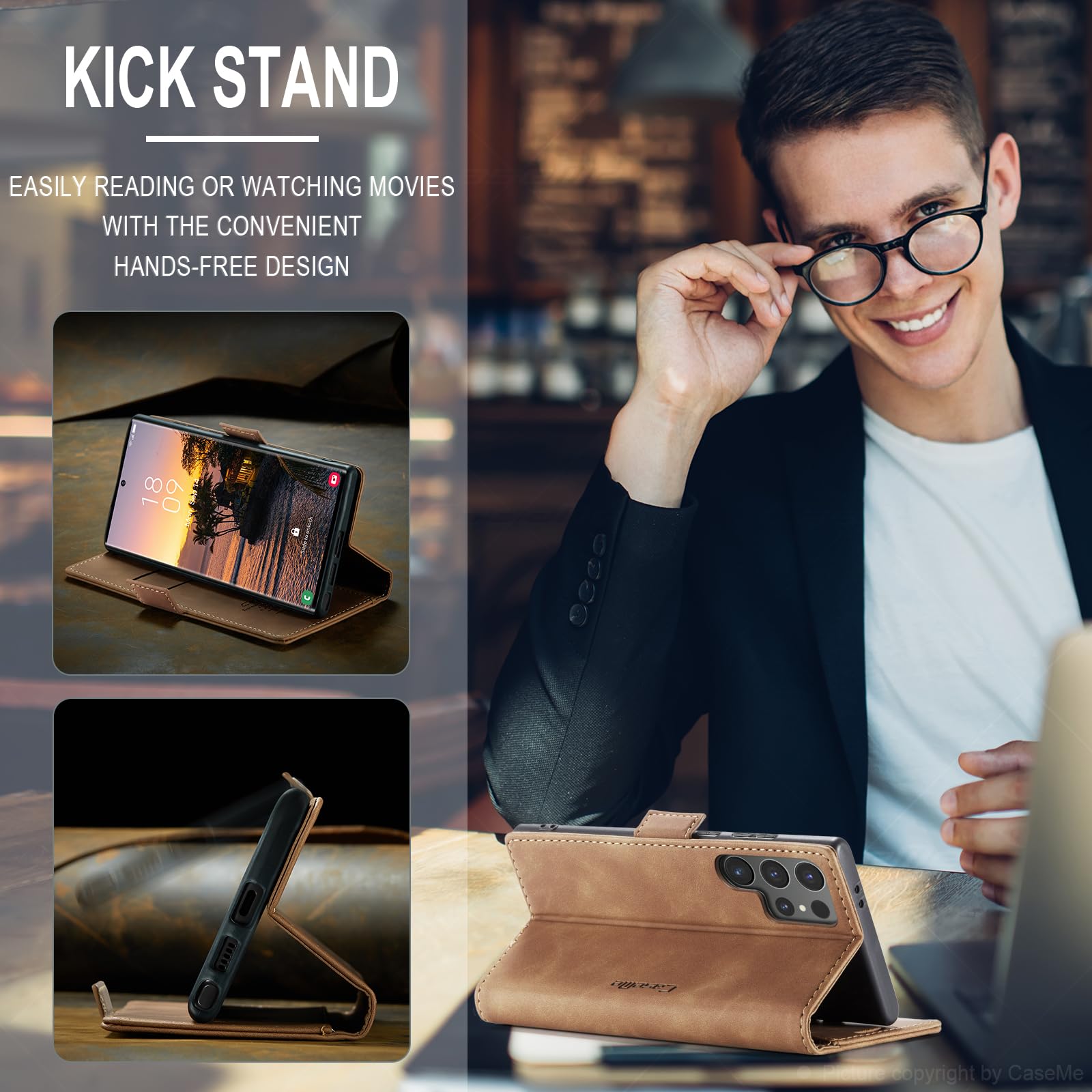 Azororo Cover per Samsung Galaxy S24 Ultra 5G, Premium PU Pelle Custodia, Magnetica Carta Fessura Portafoglio Case, Flip Cavalletto Custodia per Samsung Galaxy S24 Ultra- Marrone