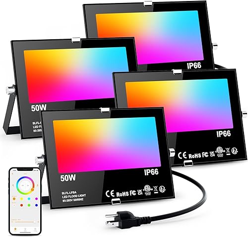 Luces de inundación para exteriores, RGB, equivalente a 500 W, cambio de color inteligente y luz diurna 5700 K, luces de patio impermeables IP66 a