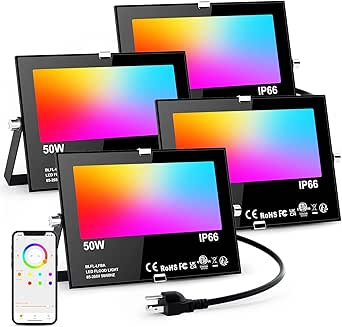 RGB Outdoor Flood Lights, 4-Pack, 500W Equivalent, App-Controlled, Waterproof IP66, Color Change & Daylight 5700K