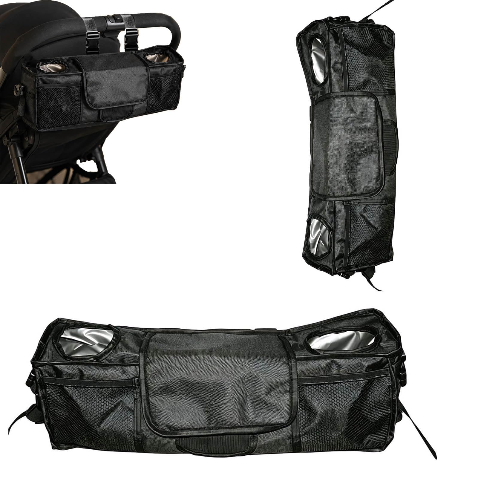 Porte-gobelet double pour poussette - Organiseur étanche spacieux avec 3 compartiments - Organiseur pour poussette de bébé - Pour voyage, usage quotidien, bébé, parents (2)