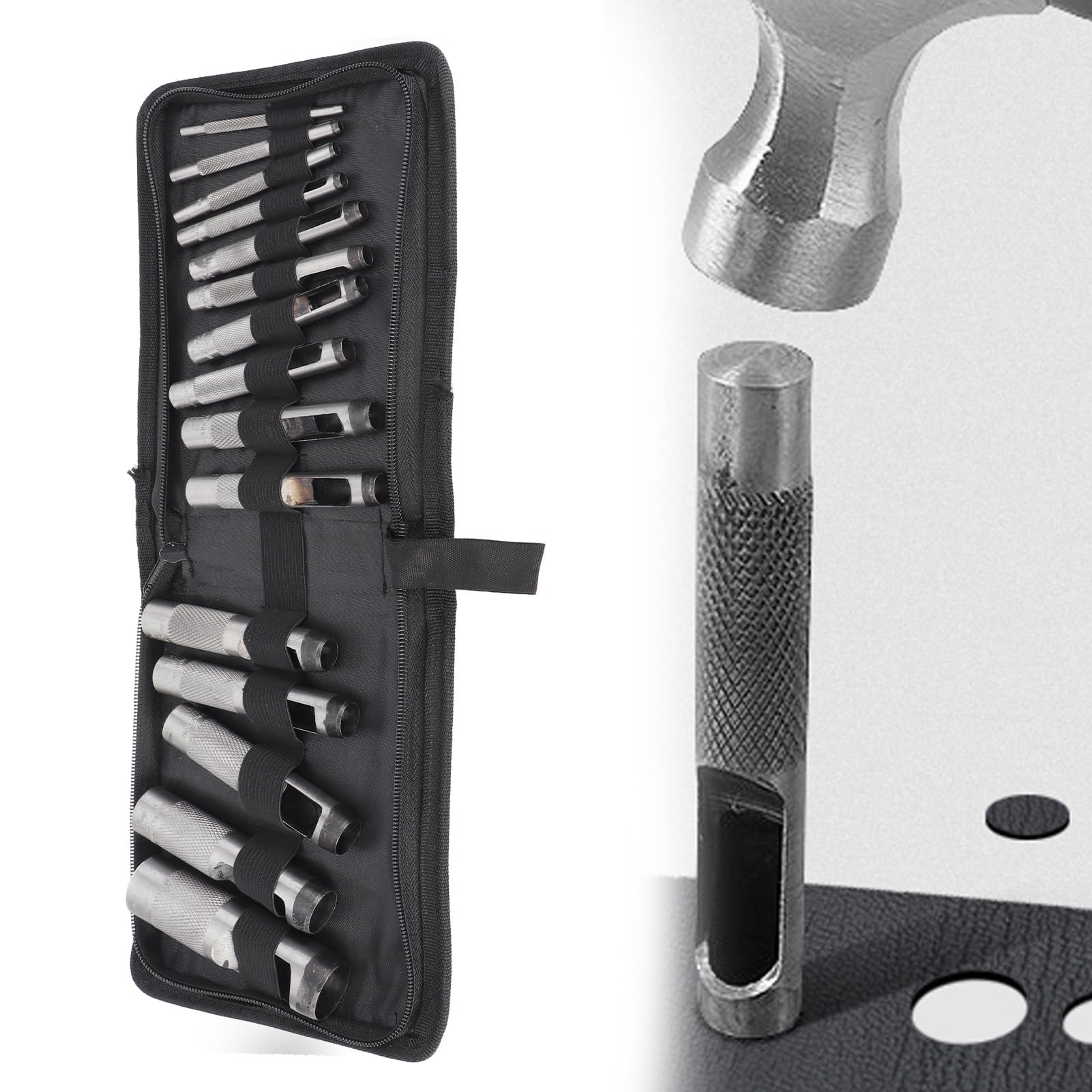 Leather Hole Punch Cutter 15Pcs 3 to 25mm Carbon Steel Leather Crafting Hollow Punch Set Belts Hole Manual Chisel Punch Tools for Watch Bands Belts Canvas Paper