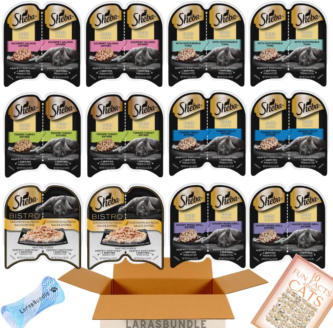 LarasBundleSheba Cuts in Gravy Wet Cat Food Variety Pack | 24 Servings | 12 Packs Perfect Portions Bundled Mice and Spring Toy