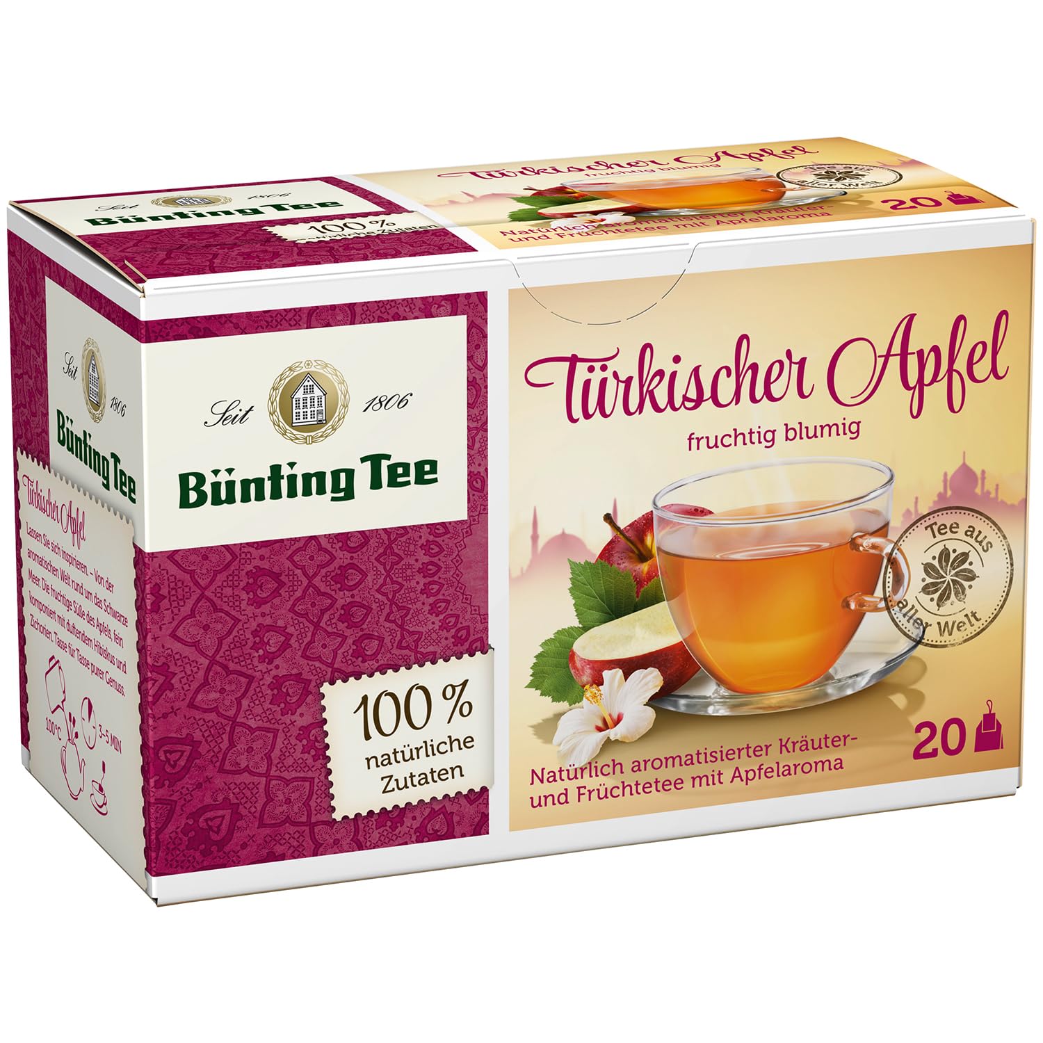 Bünting Tee Türkischer Apfel 12er Pack – Früchtetee, fruchtig-blumig – 12 x 20 Teebeutel