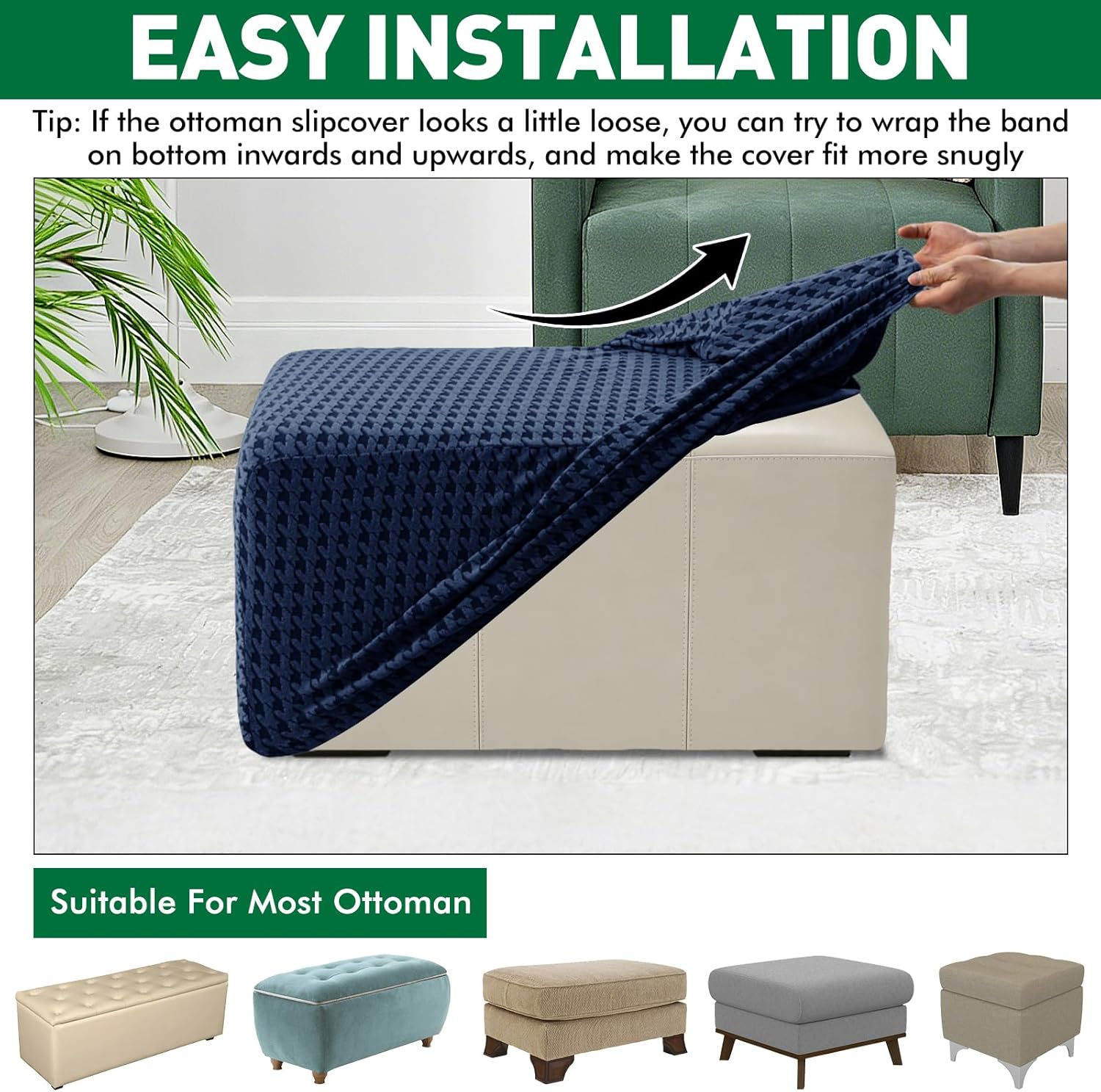 MAXIJIN Stretch Ottoman Cover Rectangular Ottoman Slipcovers for Footstool with Elastic Band Square Folding Storage Stool Furniture Protector Removable Washable (Medium, Navy Blue)