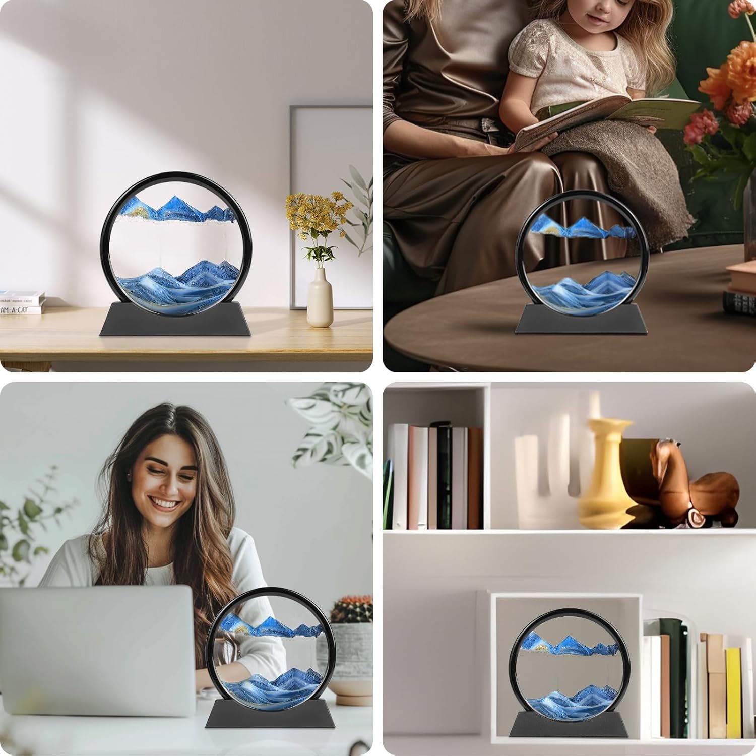 Evilia Ecom Moving Sand Art, 3D Liquid Motion Deep Sea Sandscape Color Quicksand Decor, Round Glass Flowing Circle Sand Art Sandscapes Picture, Relaxing Desktop Home Office Work Decor, 7 inch Blue 4