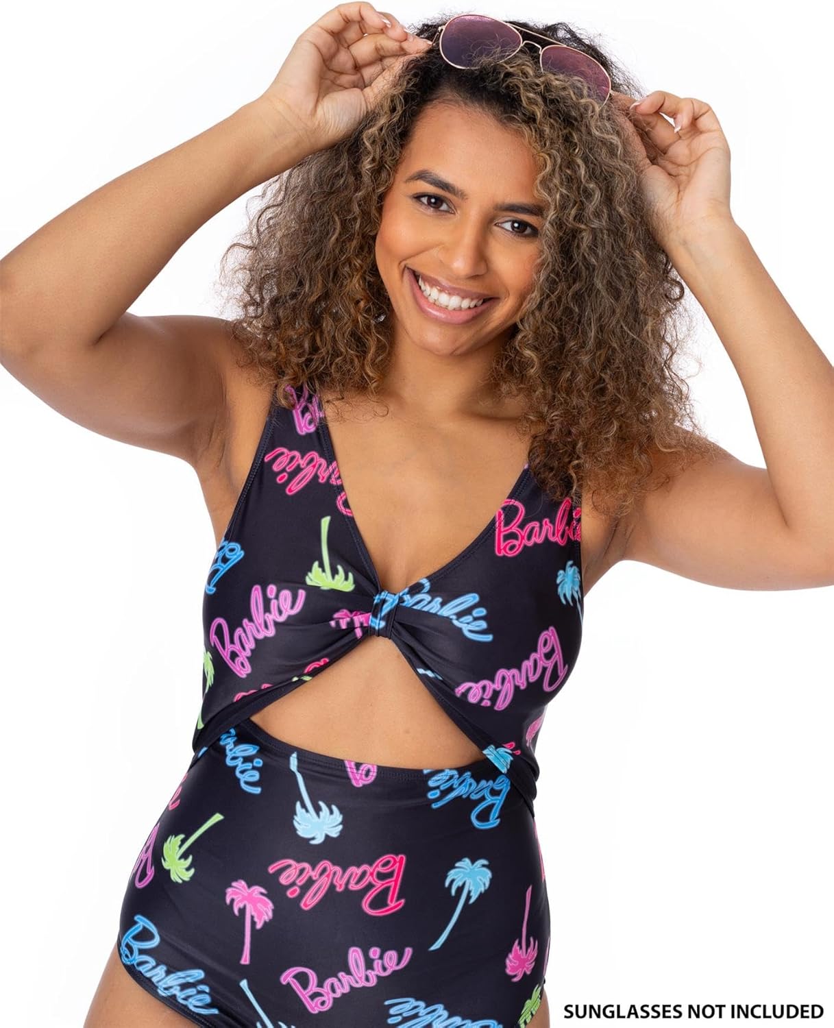 Barbie Womens Swimsuit | Ladies Black All in One Swimming Costume | Front Knot with Two Straps Cossie Palm Tree Swimwear